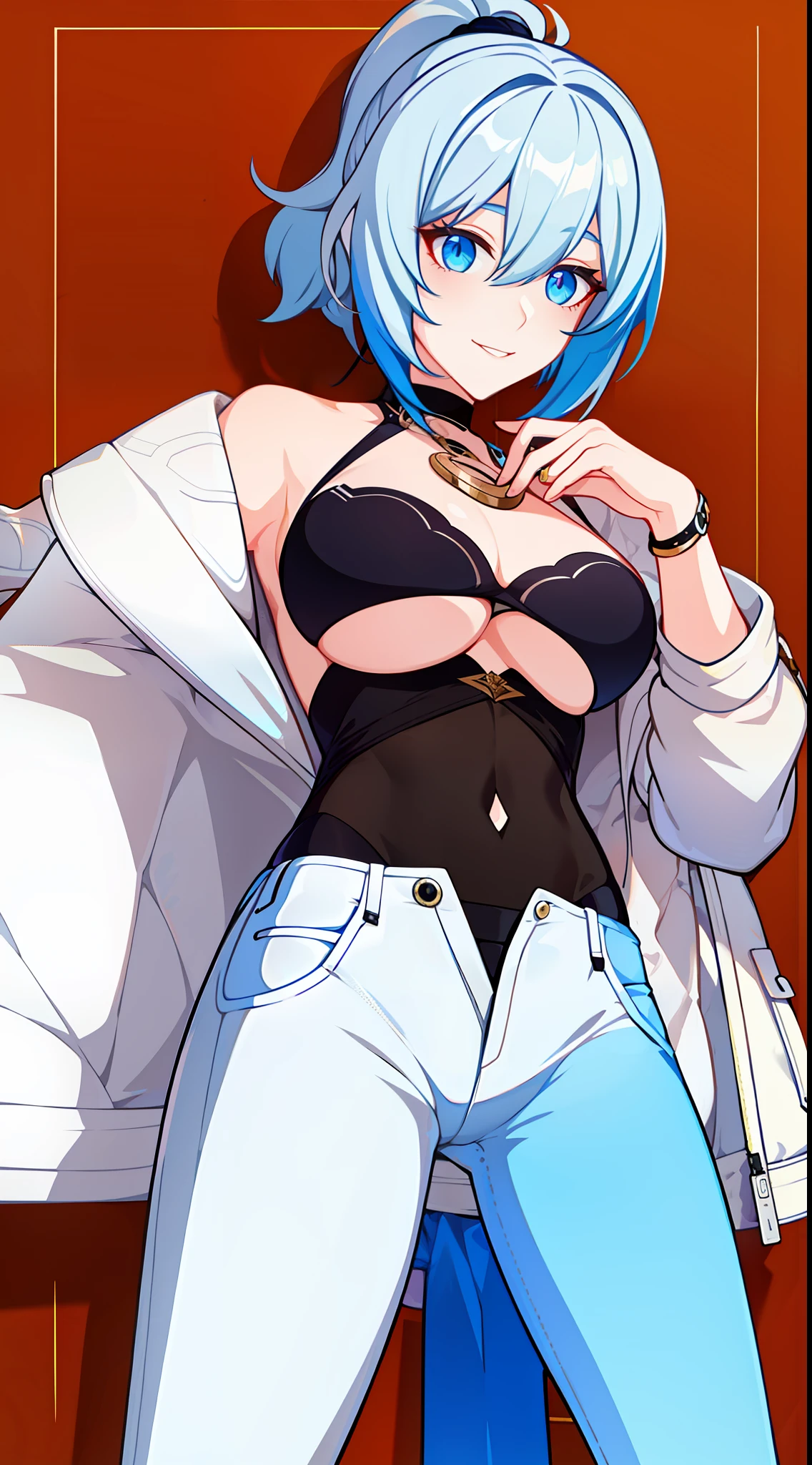 Adult woman, short white hair, high ponytail, blue eye color, white luxury jacket, pants, open breasts, blue lipstick, ssmile, Masterpiece, hiquality