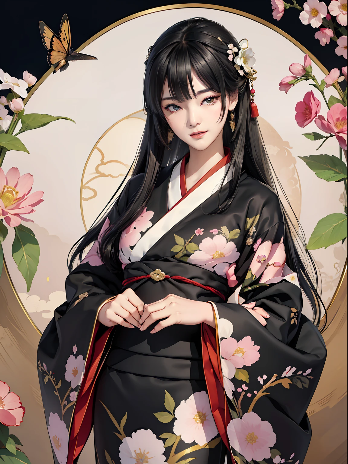 Mature girl、Long Black Hair、A slight smile、Black-haired、Colorful Japan kimono、Nishijin Ori、Delicate and smart eyes、intricate damask hanfu、Luxury accessories、FOV、F1.8、​masterpiece、complex scenes、flower petals flying、Diagonal portrait shot、