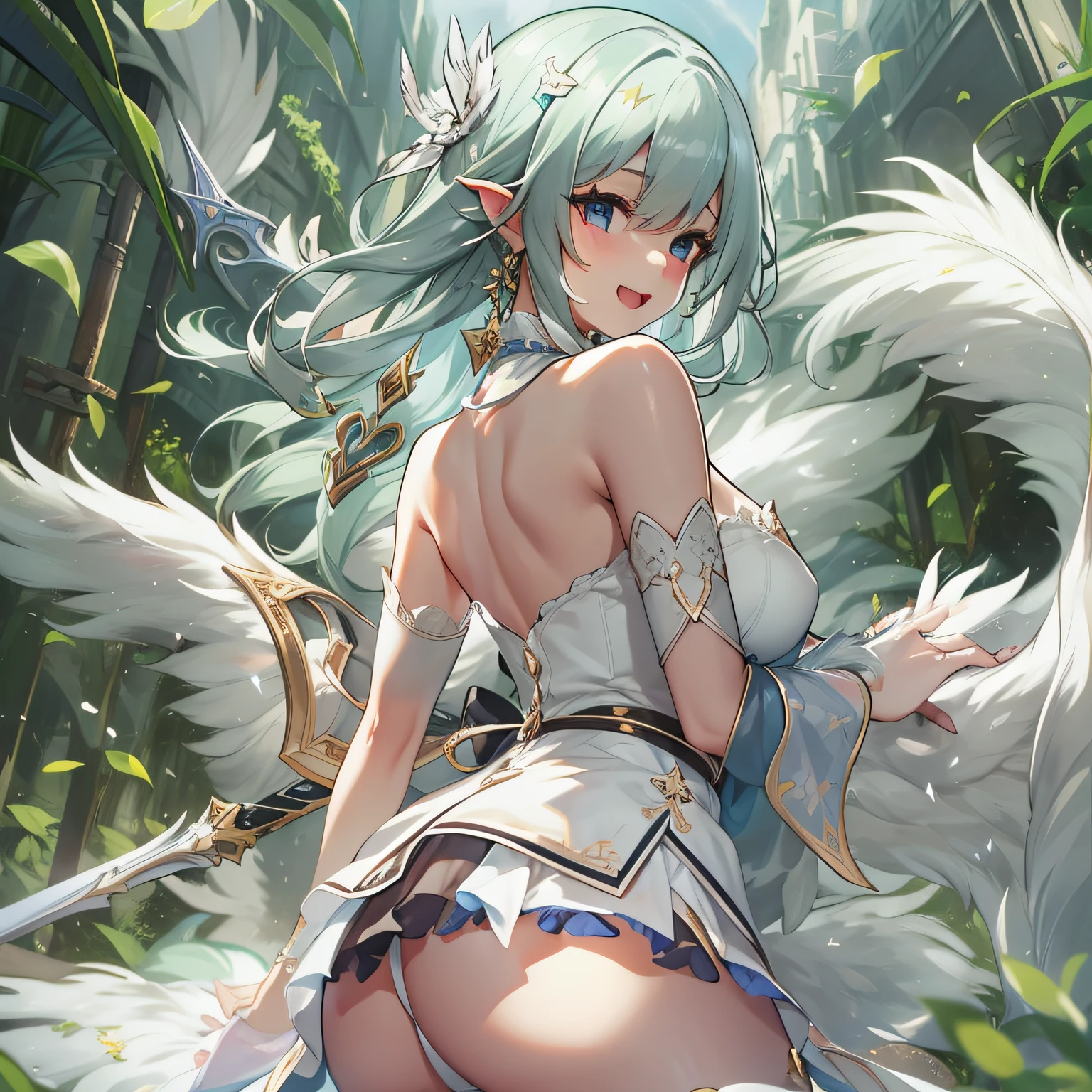 World of Swords and Magic。feathered。White underwear。eye glass。a miniskirt。winking。all-fours。from the rear。