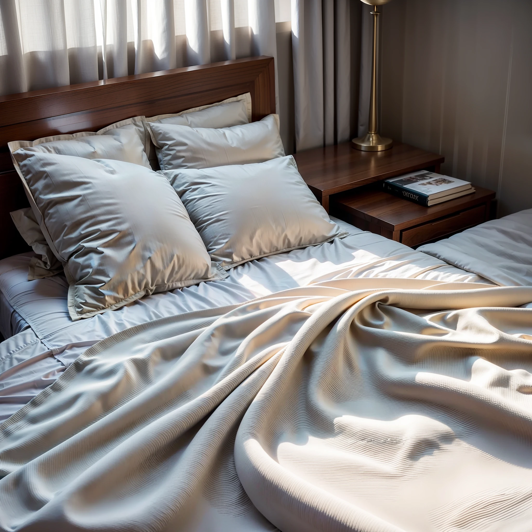 a bed，Bedside table next to it，Look down at the bed，The bed surface is half in the picture，Bed linen off-white，Bed linen should have details，There is a little white gauze curtain，There is sunlight，8K high-definition，It mainly reflects the details of the bed