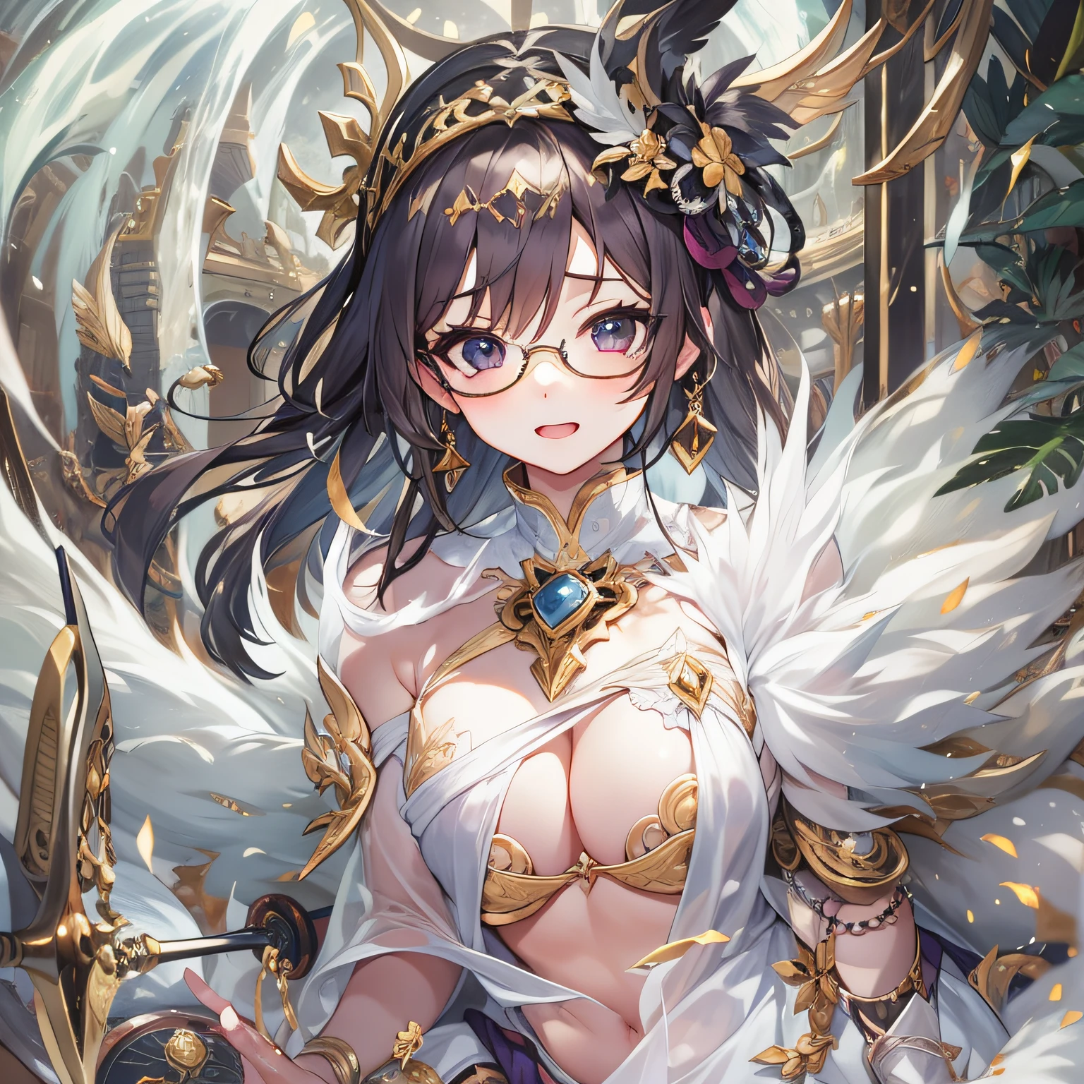 World of Swords and Magic。feathered。White underwear。eye glass。a miniskirt。winking。all-fours。from the rear。