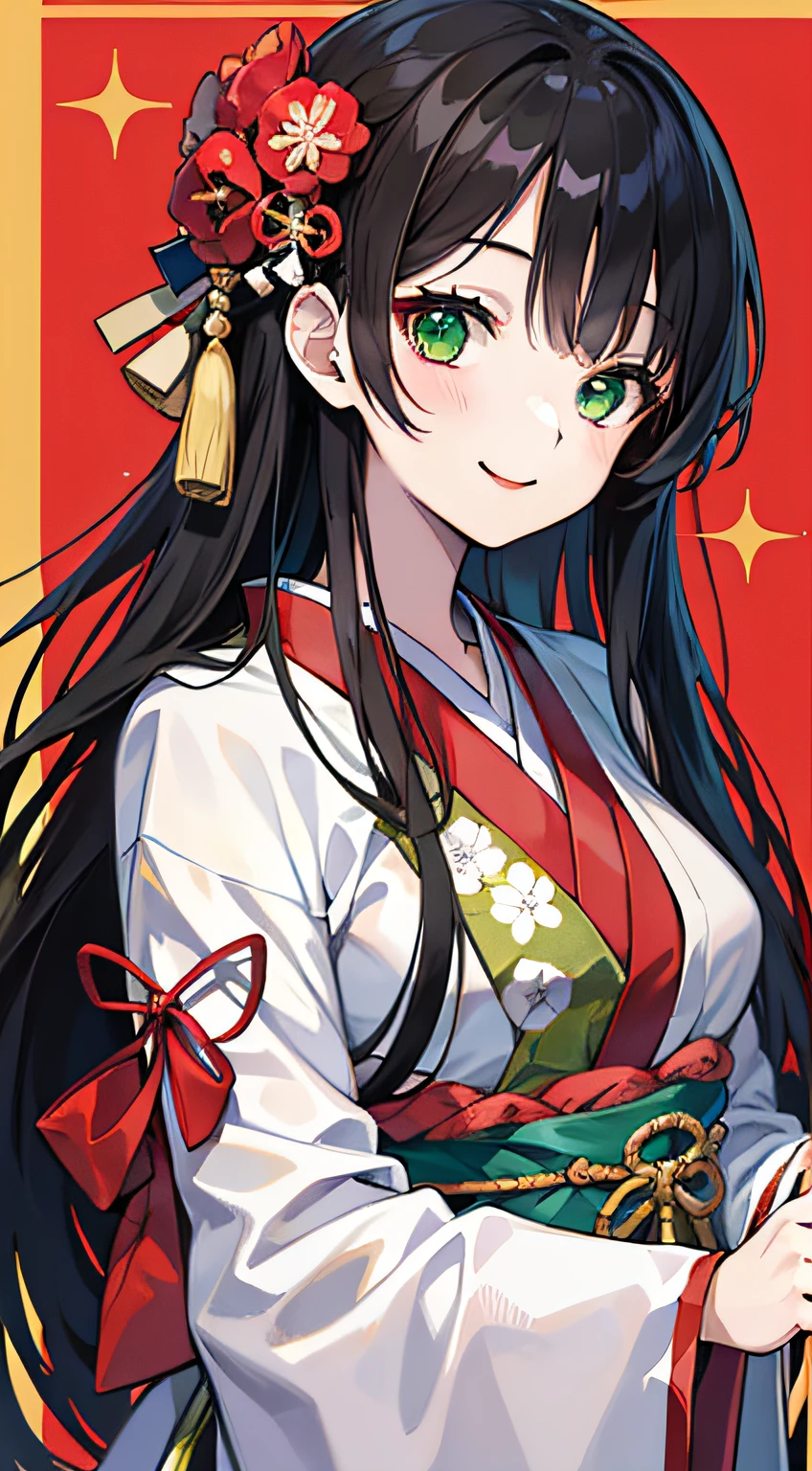 Adult girl with Japanese traditional costumes , long black hair, green eyes, hanfu, smile, masterpiece, high quality