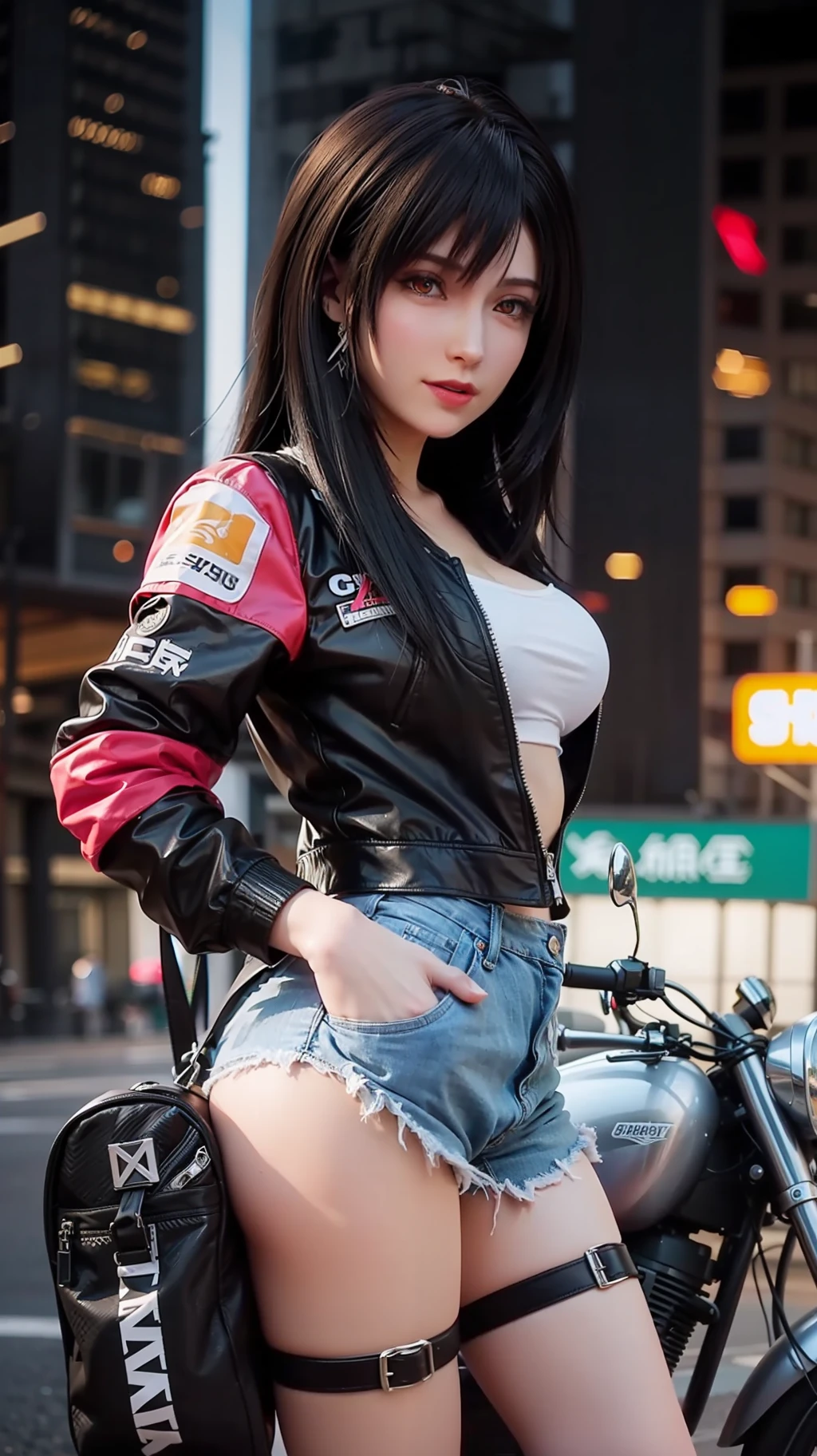 tmasterpiece,best qualityer,1girl,独奏,jaket,Hand in pocket,校服,serafuku,Stockings,bookbag,Black hair,黑The eye,cyber punk perssonage,the street,Machinary,motorvehicle,the motorcycle,in a panoramic view,shelmet,speed-line,motionblur,depth of fields,ssee-through,in a panoramic view,Riding,Floating hair,the night,neon trim,Larger bust