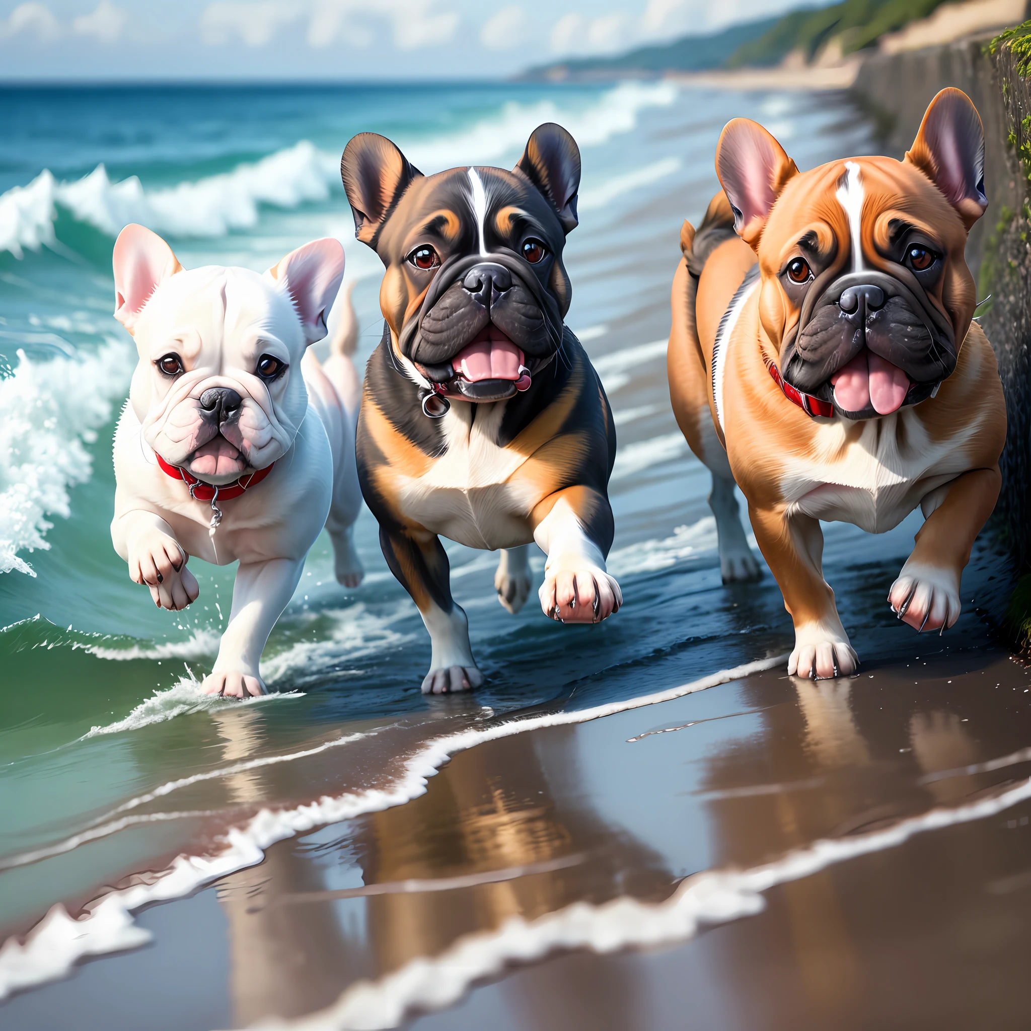 French Bulldogs run by the sea。
