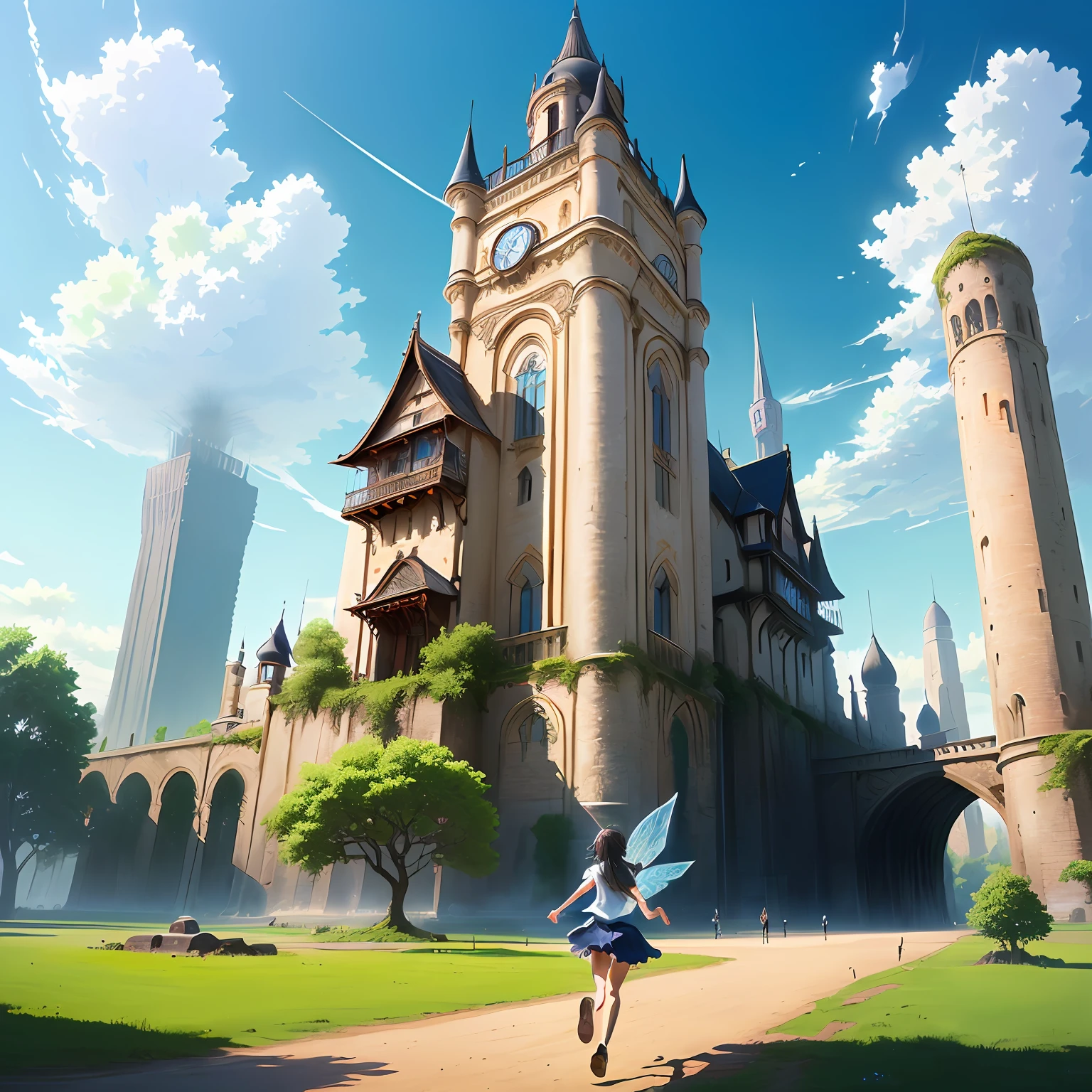 ((masutepiece)),((Best Quality)),((high detial)),((Realistic,))
Cities in a fantasy world, Fantastic tower in the middle, bru,Running child,Flying Fairy