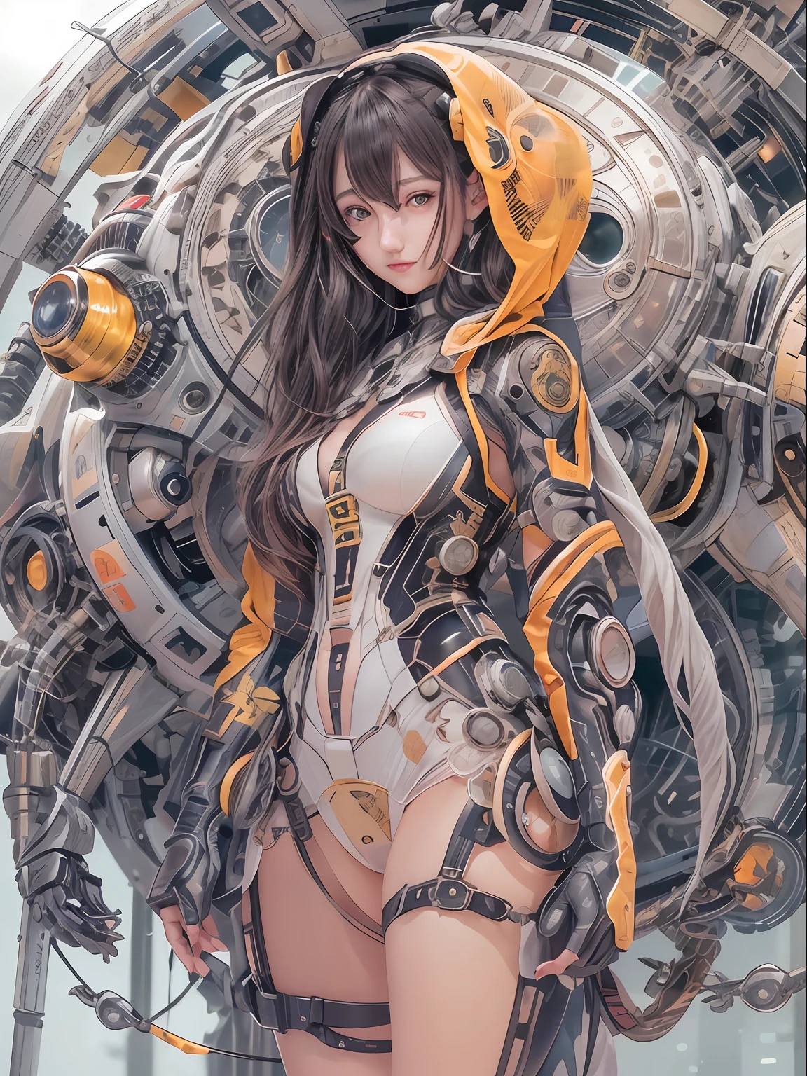 cover manga magazine, Expressivo, luminoso,menina bonito:1.2, roupas Techwear, Mechanical spider, Cabos, engrenagens, circles, fractais, art-station, CGSetnação, arte Carlos Meglia