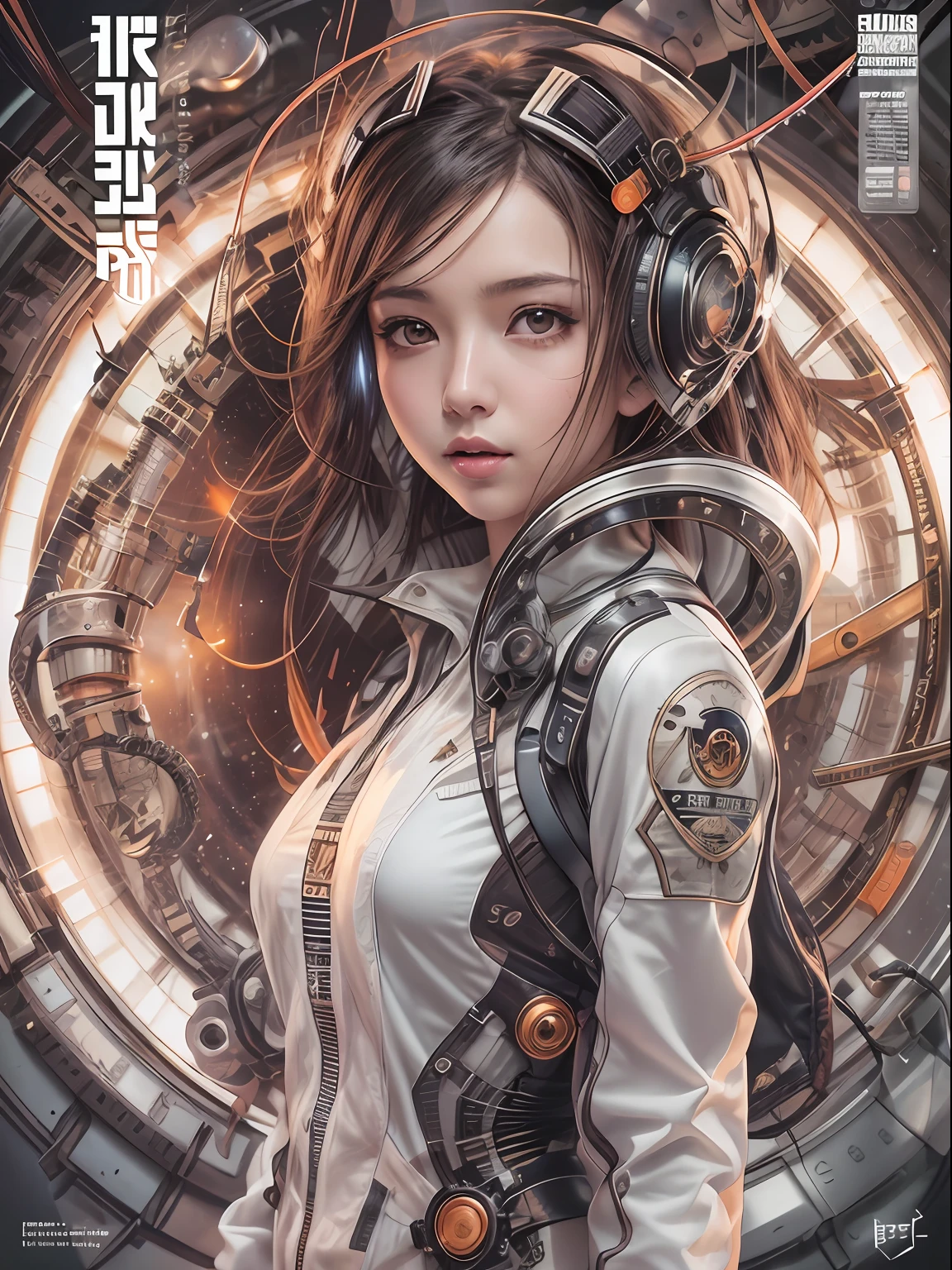 cover manga magazine, Expressivo, luminoso,menina bonito:1.2, roupas Techwear, Mechanical spider, Cabos, engrenagens, circles, fractais, art-station, CGSetnação, arte Carlos Meglia