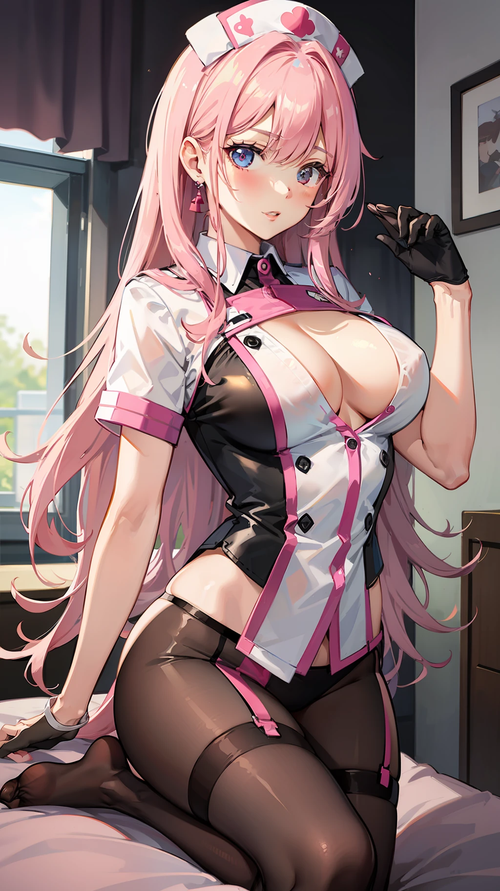 Pink Long Hair,Sexy nurse uniform,black pantyhoses,Sexy stockings,without wearing shoes