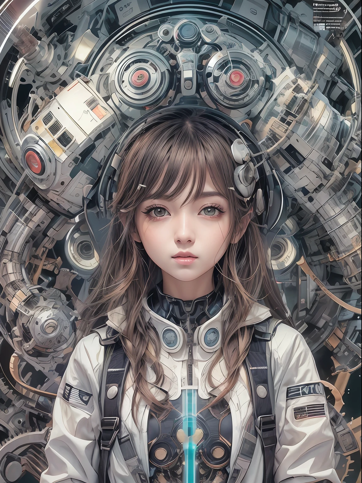 cover manga magazine, Expressivo, luminoso,menina bonito:1.2, roupas Techwear, Mechanical spider, Cabos, engrenagens, circles, fractais, art-station, CGSetnação, arte Carlos Meglia