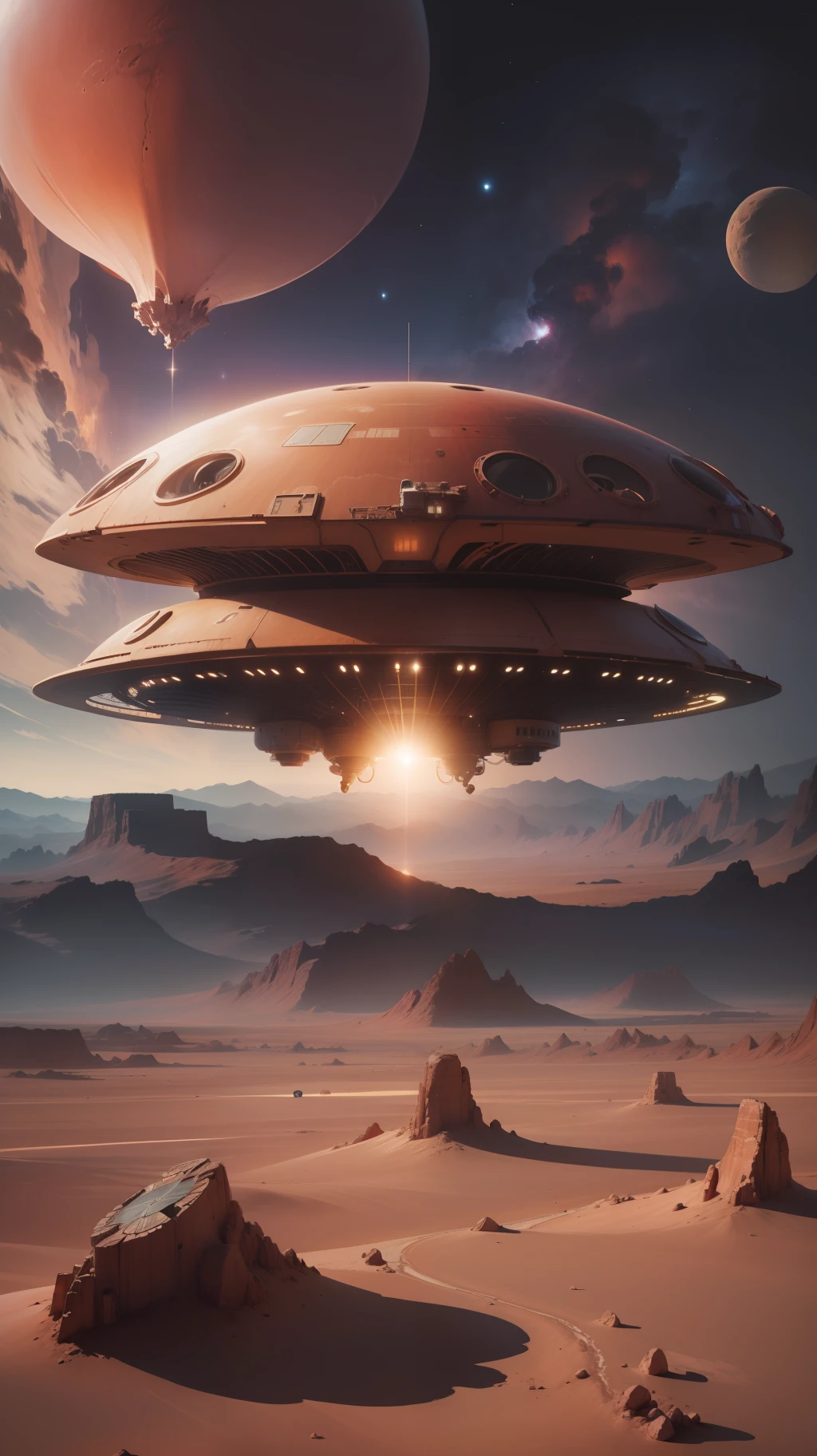 Aliens ufo landing on a red planet, in space.