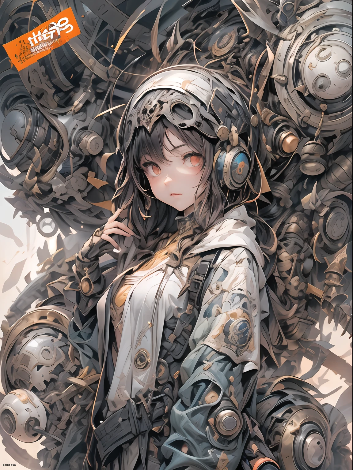 cover manga magazine, Expressivo, luminoso,menina bonito:1.2, roupas Techwear, Mechanical spider, Cabos, engrenagens, circles, fractais, art-station, CGSetnação, arte Carlos Meglia