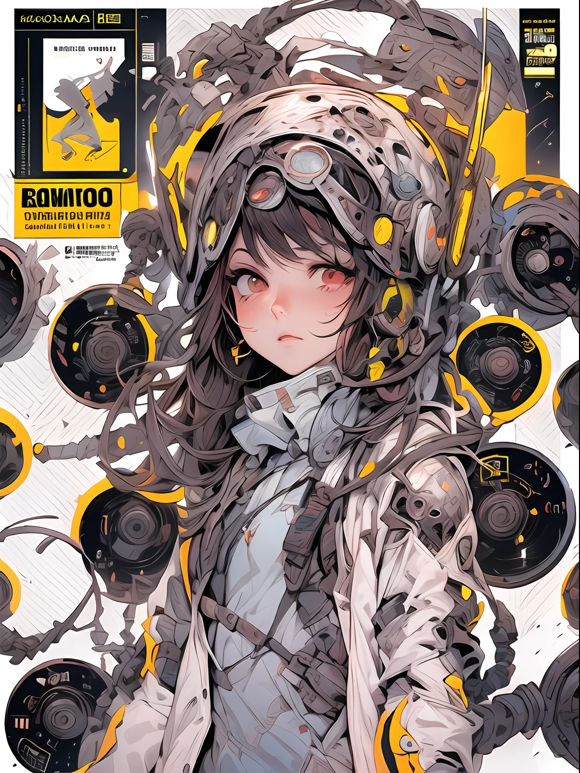 cover manga magazine, Expressivo, luminoso,menina bonito:1.2, roupas Techwear, Mechanical spider, Cabos, engrenagens, circles, fractais, art-station, CGSetnação, arte Carlos Meglia