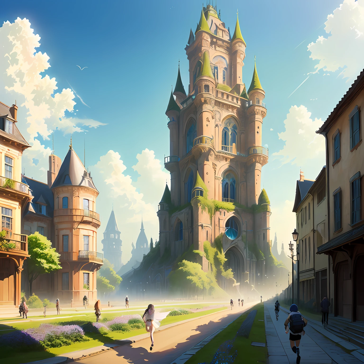 ((masutepiece)),((Best Quality)),((high detial)),((Realistic,))
Cities in a fantasy world, Fantastic tower in the middle, bru,Running child,Flying Fairy