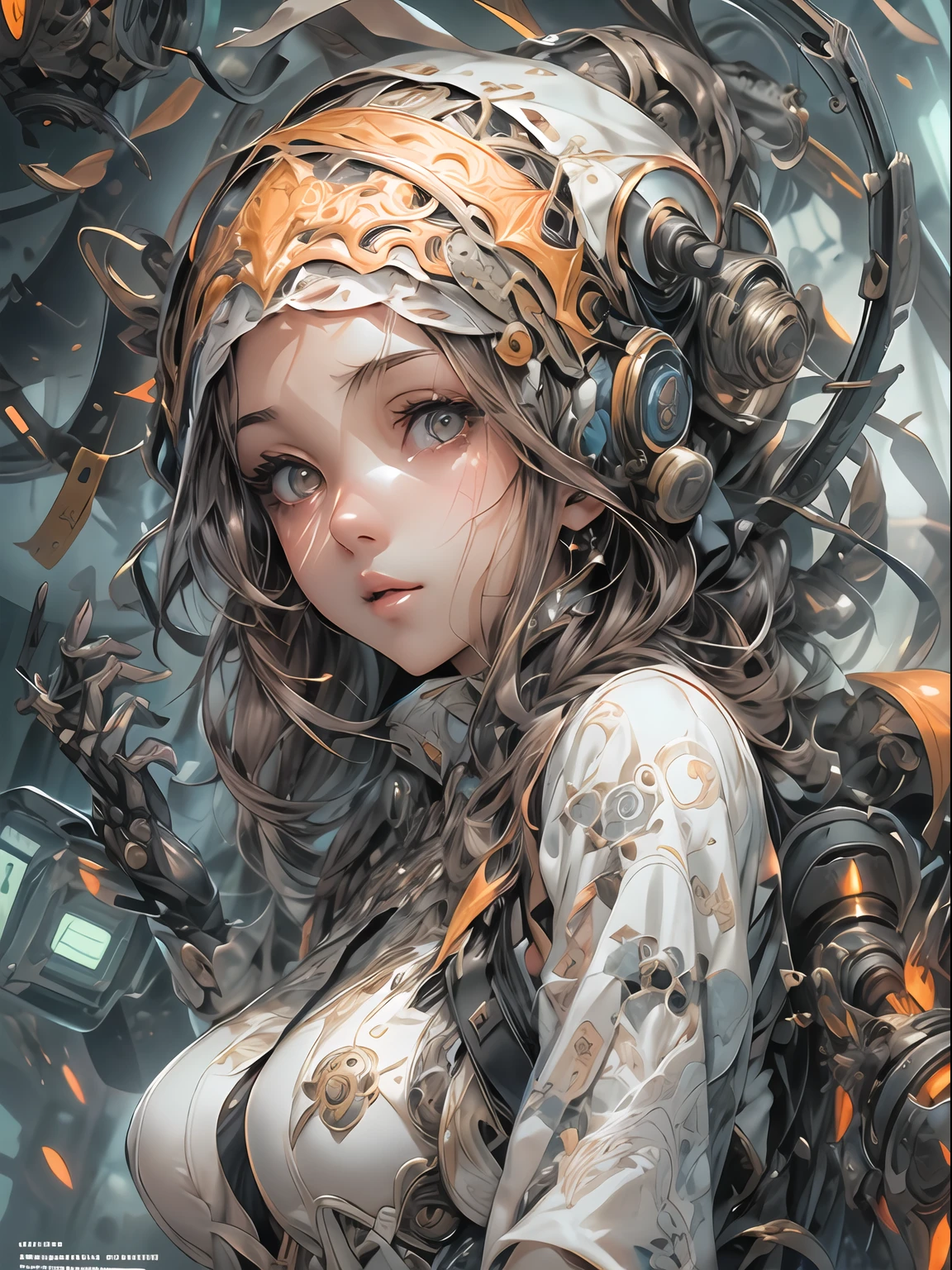 cover manga magazine, Expressivo, luminoso,menina bonito:1.2, roupas Techwear, Mechanical spider, Cabos, engrenagens, circles, fractais, art-station, CGSetnação, arte Carlos Meglia