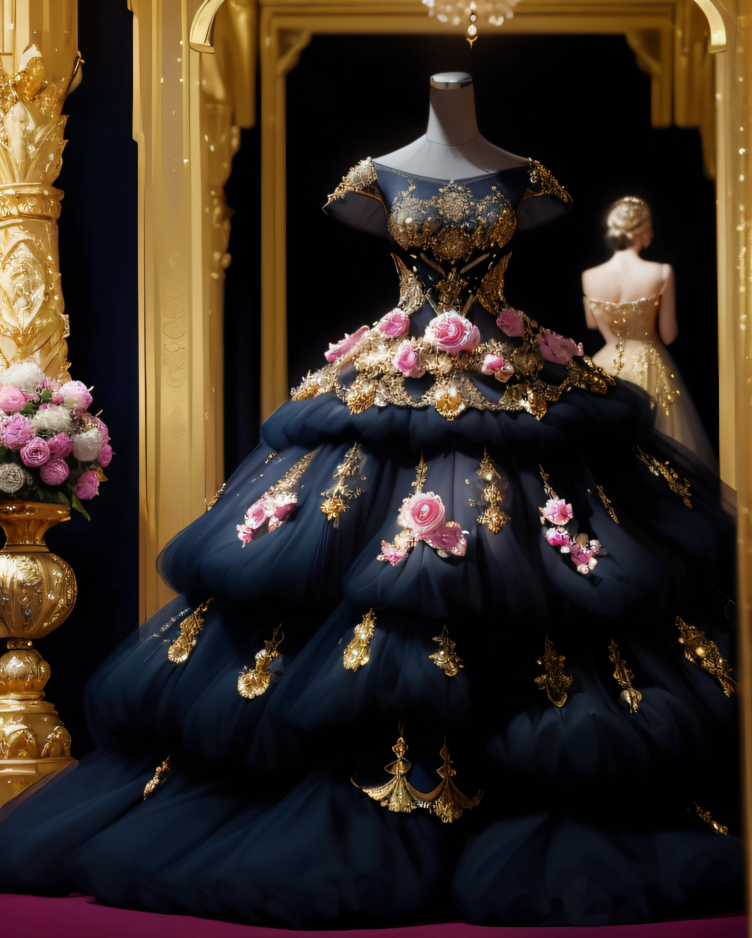 a hyper realistic photograph of a girl standing wearing a majestic light beige and gold ball gown dress, big beautiful dress, intricate puffy ball gown with lots of ruffles and rhinestones (Best quality, masterpiece, ArtStation, Fantasy Art:1.2), a palace room, a beautiful cute girl, (long white hair:1.1), (intricate short gold skirt, bare legs:1.2, full body shot)