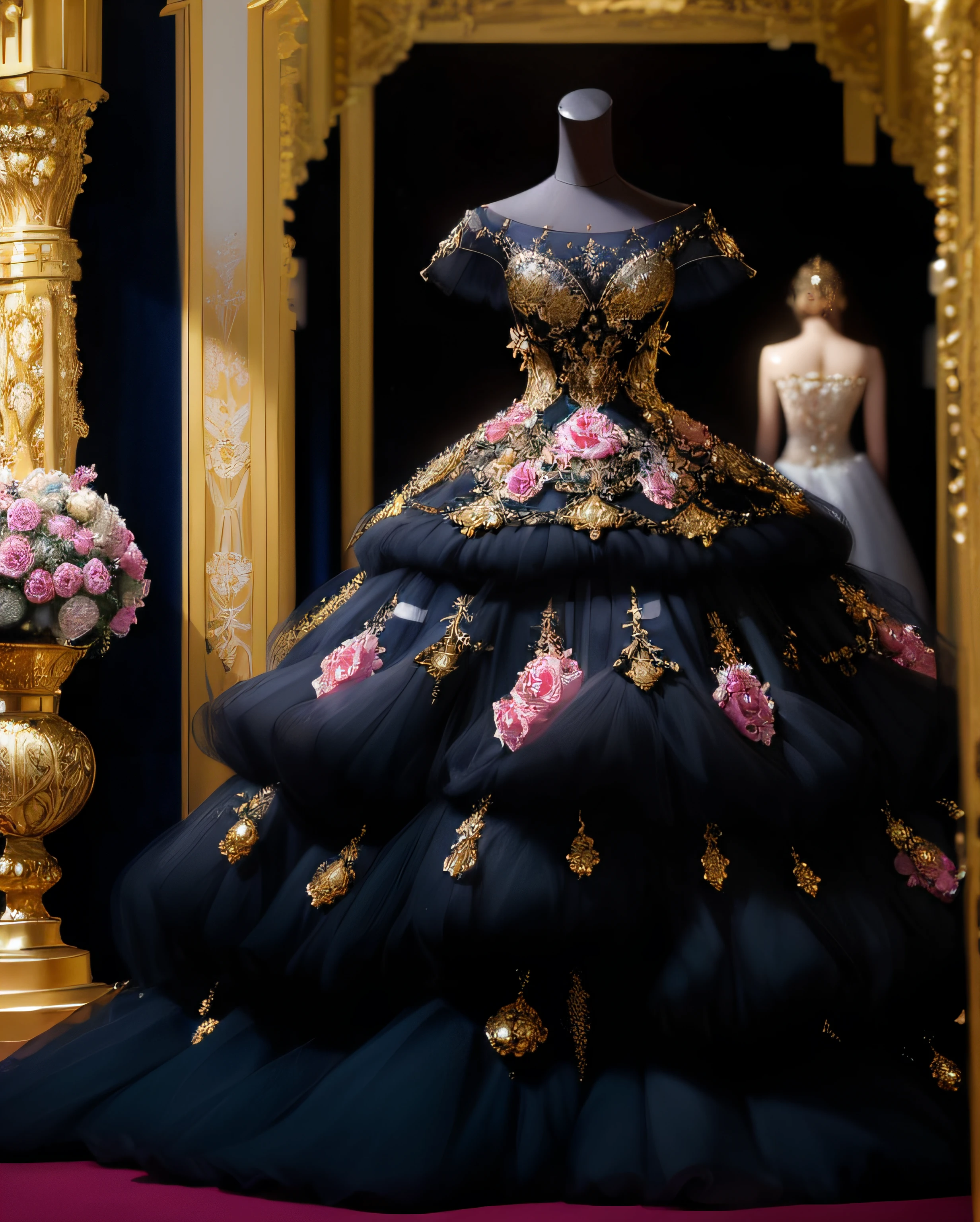 a hyper realistic photograph of a girl standing wearing a majestic light beige and gold ball gown dress, big beautiful dress, intricate puffy ball gown with lots of ruffles and rhinestones (Best quality, masterpiece, ArtStation, Fantasy Art:1.2), a palace room, a beautiful cute girl, (long white hair:1.1), (intricate short gold skirt, bare legs:1.2, full body shot)