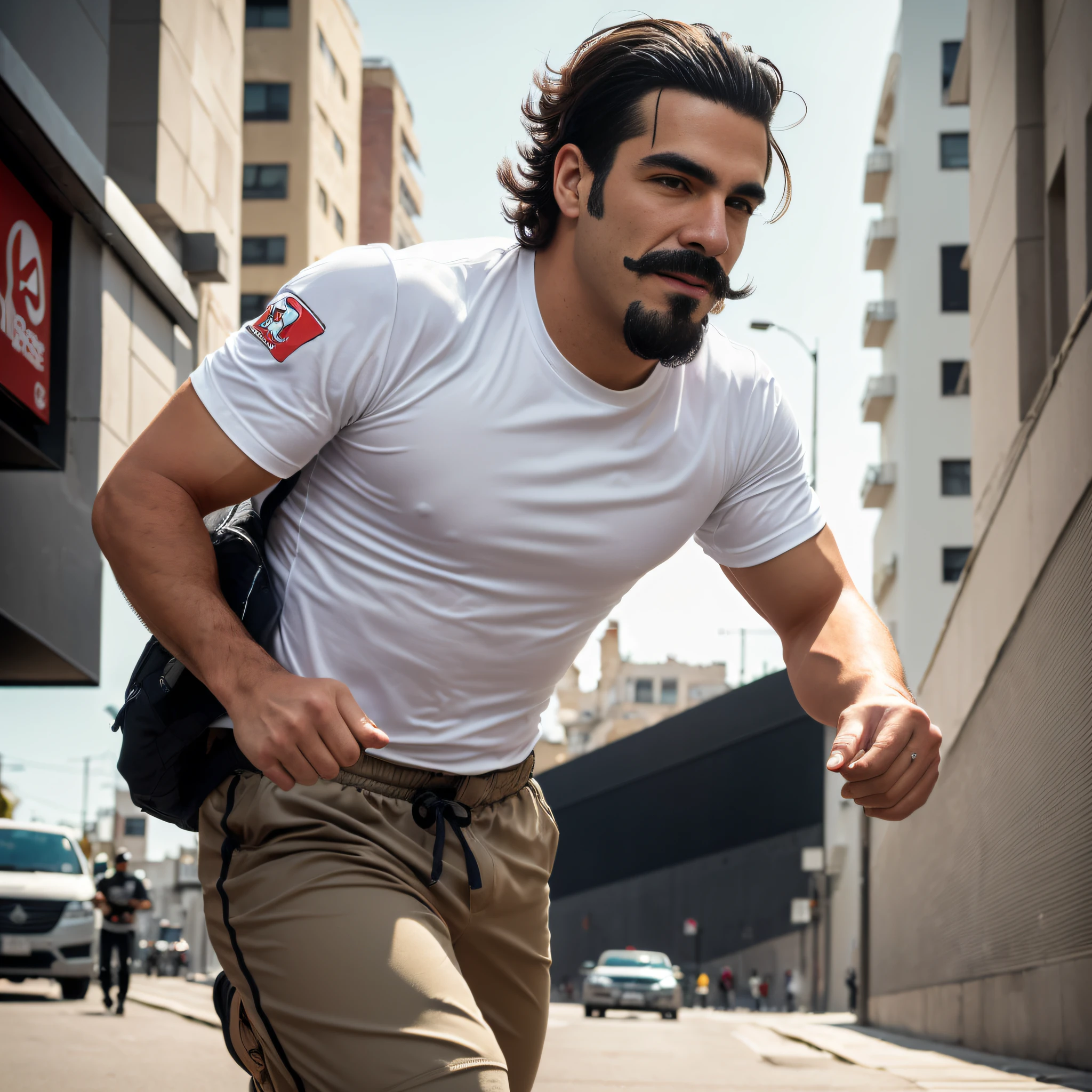Hombre Arafed montando una patineta por una calle de la ciudad, Mario en la vida real, athletic man in his 30s, Hombre de blanco - camiseta, Llevar camiseta y combates, dynamic active running pose, running fast towards the camera, Imagen tomada con Canon EOS R 5, Imagen tomada con Canon EOS R5, Super Mario en la vida real, 5 dedos en cada mano