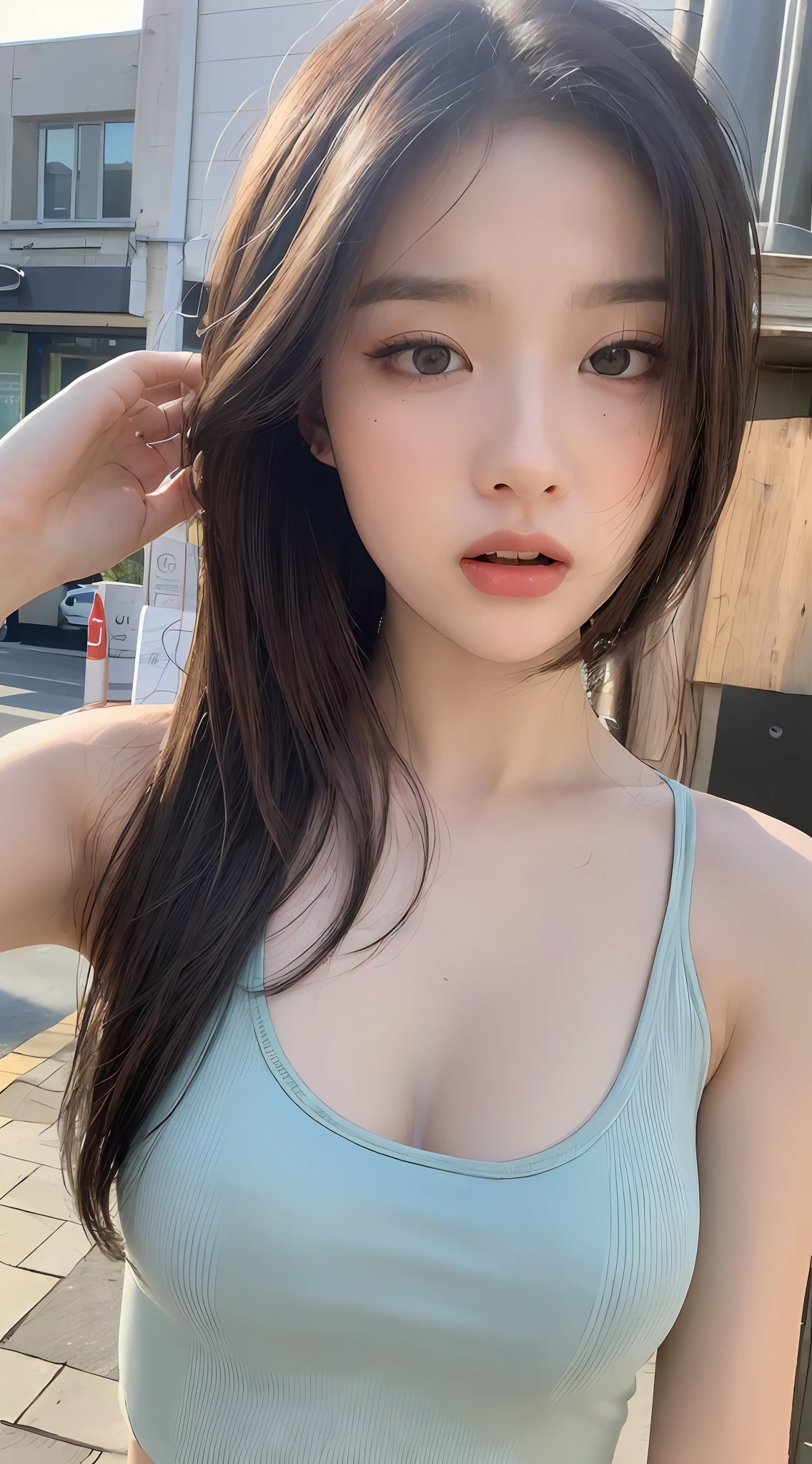 ((Best quality, 8k, Masterpiece :1.3)), Sharp focus:1.2, Perfect Body Beauty:1.4, Slim Abs:1.2, ((Layered hairstyle, Naughty expression: 1.2)), (Tank top shirt:1.1), (Street:1.2), Highly detailed face and skin texture, Fine eyes, Double eyelids
