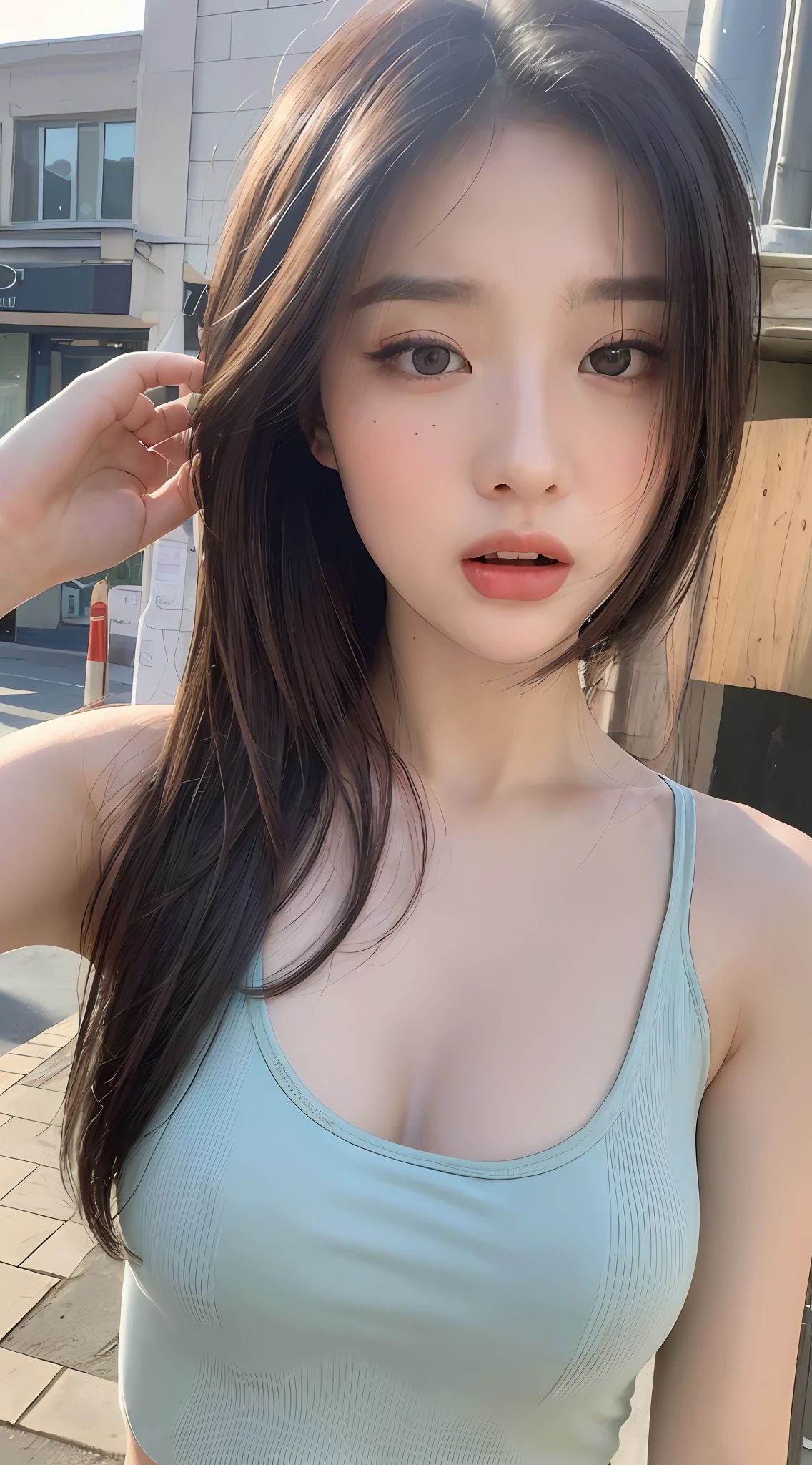 ((Best quality, 8k, Masterpiece :1.3)), Sharp focus:1.2, Perfect Body Beauty:1.4, Slim Abs:1.2, ((Layered hairstyle, Naughty expression: 1.2)), (Tank top shirt:1.1), (Street:1.2), Highly detailed face and skin texture, Fine eyes, Double eyelids