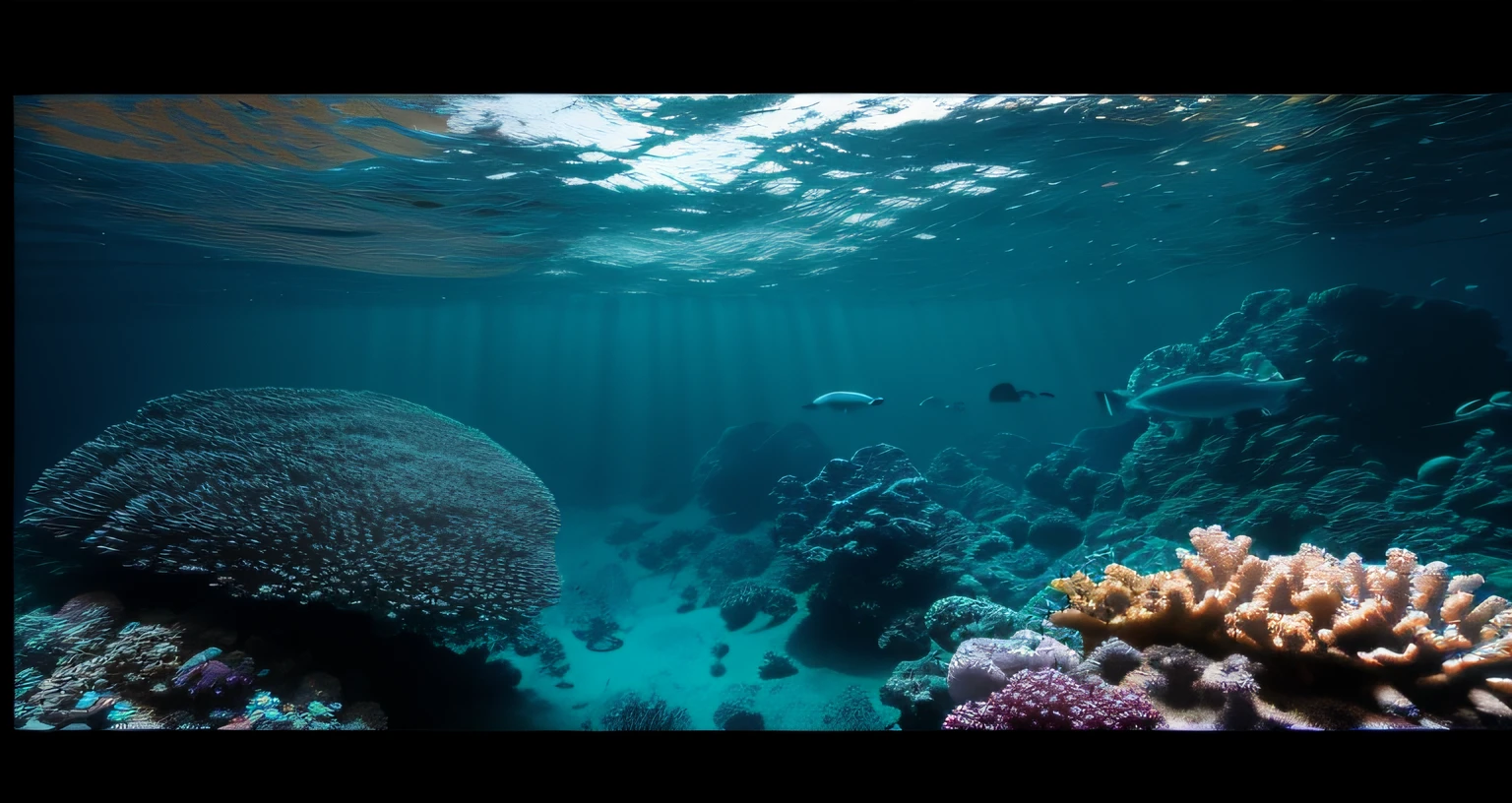 RAW photo, Undersea landscape, Dark 4K quality horizontal panel