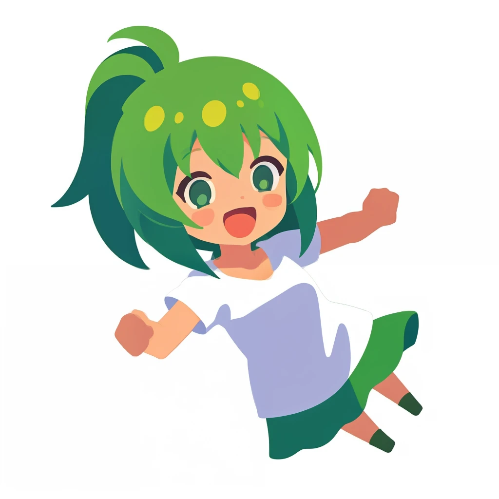 Green haired woman、cartoon bone、Plain white background、１girl with、Hair tips bouncing outside