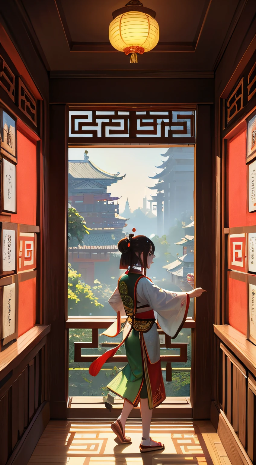 Oriental arch with fan,Chinese style,inspired by Gong Xian,Chinese Simplified,Inspired by East Garden,inspired by Cao Buxing,personal room background,nanquan,traditional chinese textures,beijing,Wang Chen,ancient china art style,inspired by Zhang Zongcang,Cyberpunk China, Beautiful and aesthetic, photography of, cinematic ligh, 8K, high detal