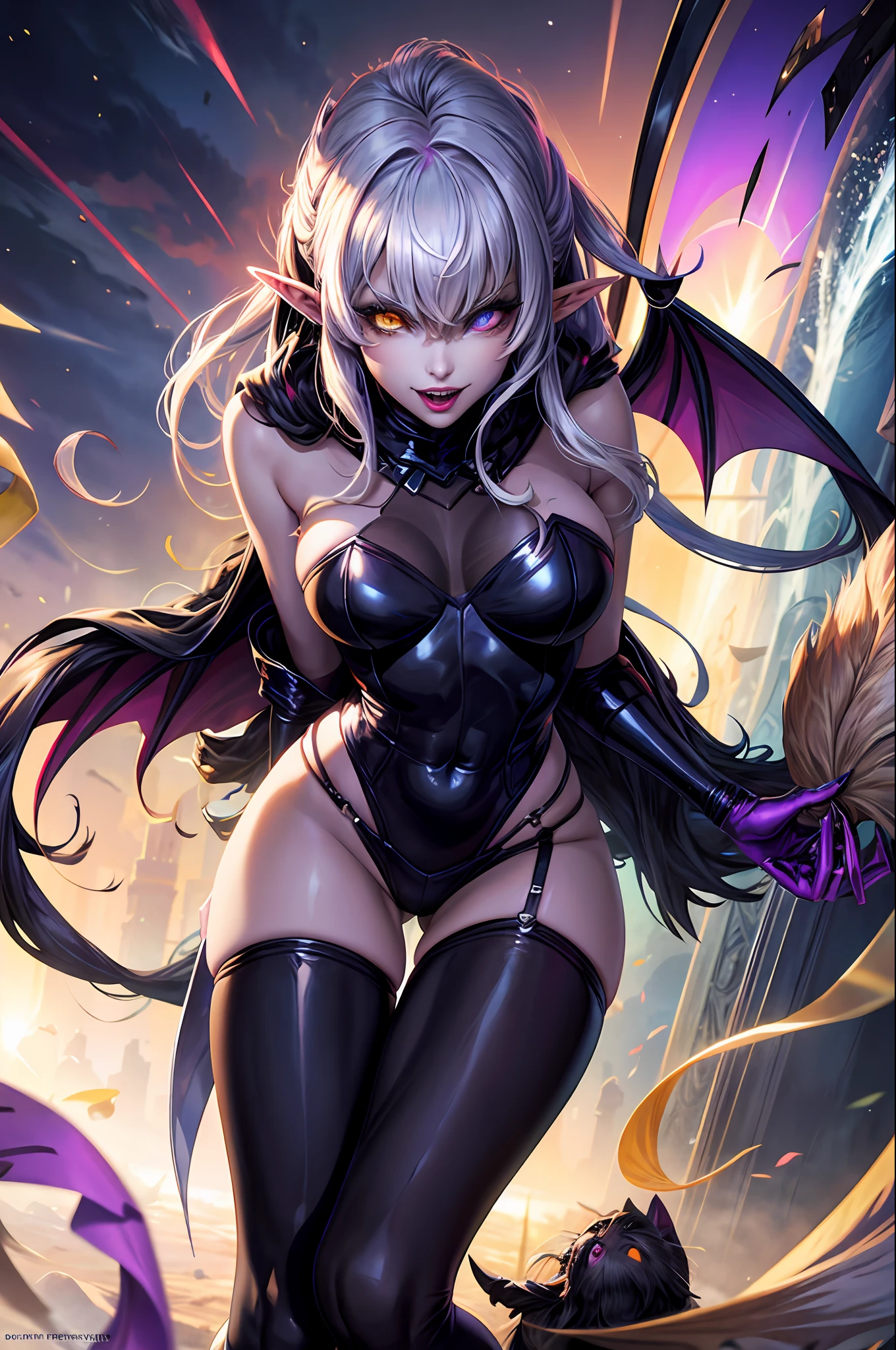 A female demon with elf ears, um rosto maduro com um sorriso perverso dentes de vampiro, e corpo volumoso com seios e busto enormes, Cabelos prateados com mechas roxas ,((Purple yellow eyes of demonic heterochromia)), ((Heterocromia)), roupa aberta preta com botas espinhosas, espada dupla, unhas grandes longas e pontiagudas, Lua no fundo, Moda realista, sysie high definition details, fotografia, acume, unique 850 4, Koda850 k portrait camera, Primavera F1.6, cores ricas, Textura super realista, textura de luz espetacular, arte surreal, Cinestil 800 mecanismo de moda,
