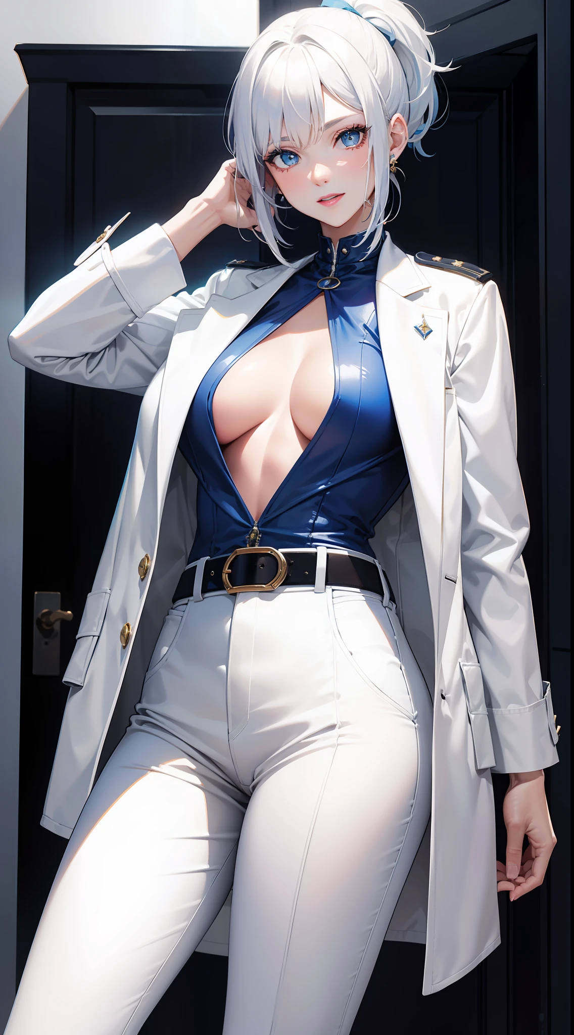 Adult woman, short white hair, high ponytail, blue eye color, White luxury jacket, pants, open breasts, blue lipstick, ssmile, Masterpiece, hiquality