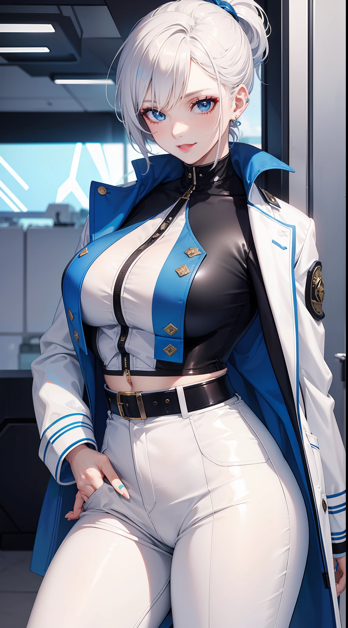 Adult woman, short white hair, high ponytail, blue eye color, White luxury jacket, pants, open breasts, blue lipstick, ssmile, Masterpiece, hiquality