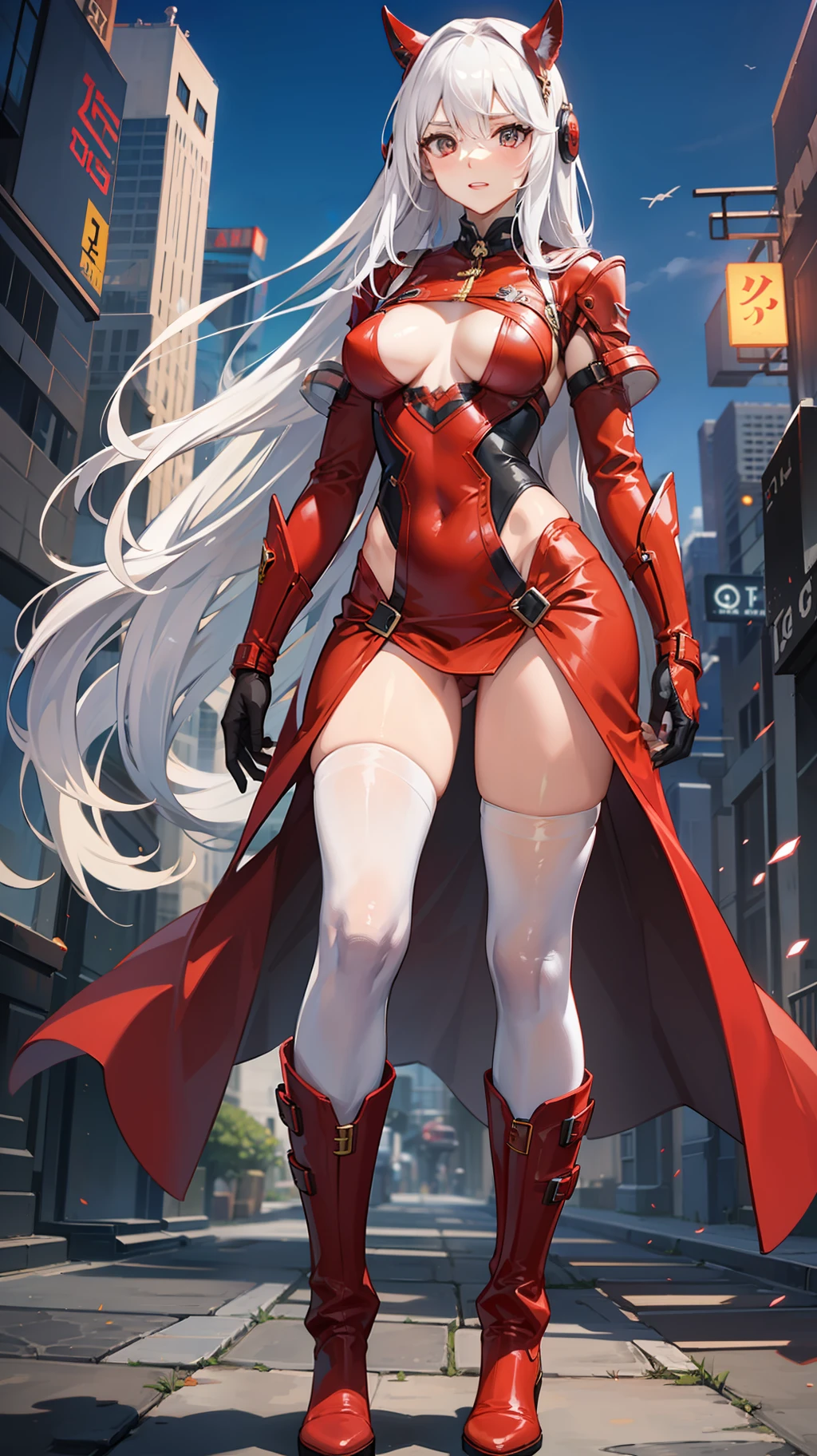 long  white hair，Sexy sci-fi tights，battle garment，Long red gloves，Red boots