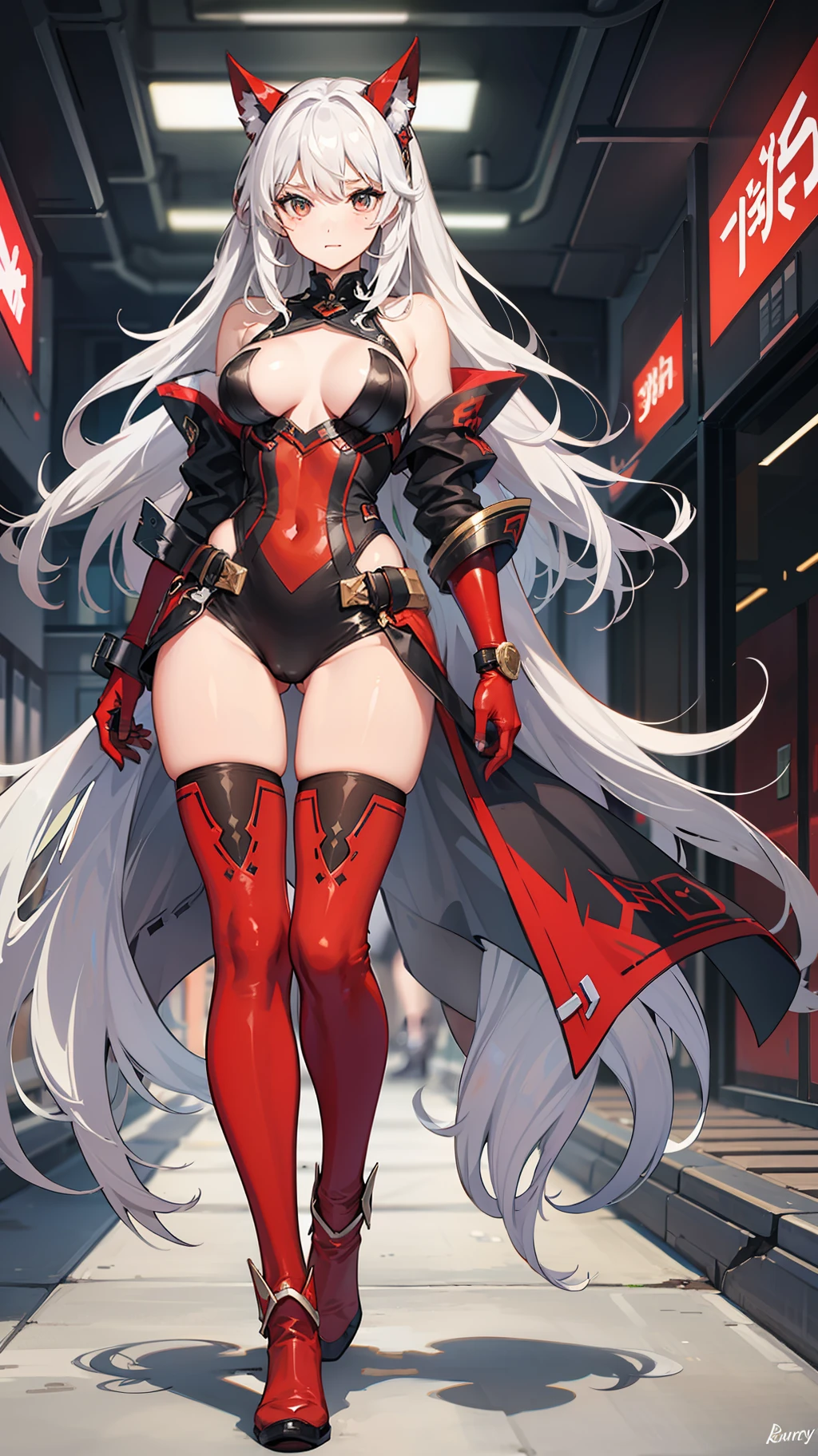 long  white hair，Sexy sci-fi tights，battle garment，Long red gloves，Red boots