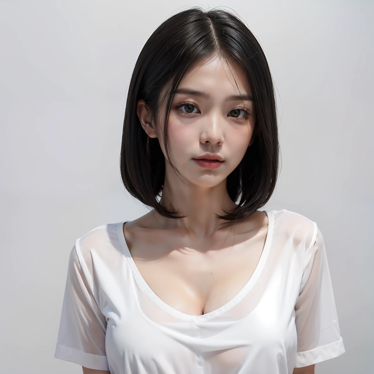 Raised sexy,Asian women,Bust photo,whitet-shirt,Low-cut clothing,cabelos preto e longos,White and tender skin,sweet,Wonderful figure,Behind you is a white background,Face shot,Host pose,Photo shooting,There is no one else in the picture --v6