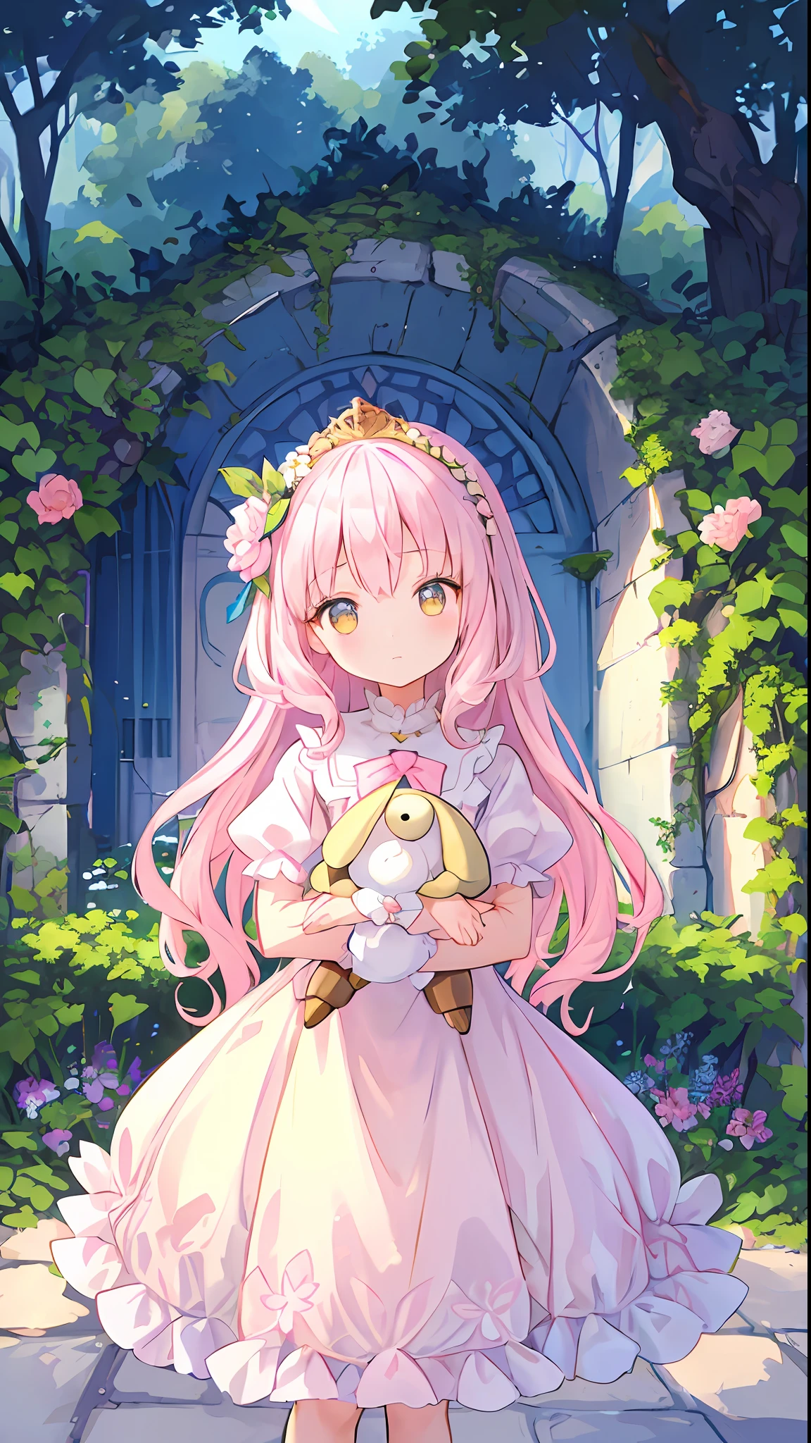 Beautiful illustration,Best quality at best,Meticulous and aesthetic background,depth of fields,Beautiful light and shadow,cute female child,trpical garden,pastel colour,Fluffy princess dress,petite,Pink Long Hair,Lamb-stuffed toy,bright sun light,Light golden eyes