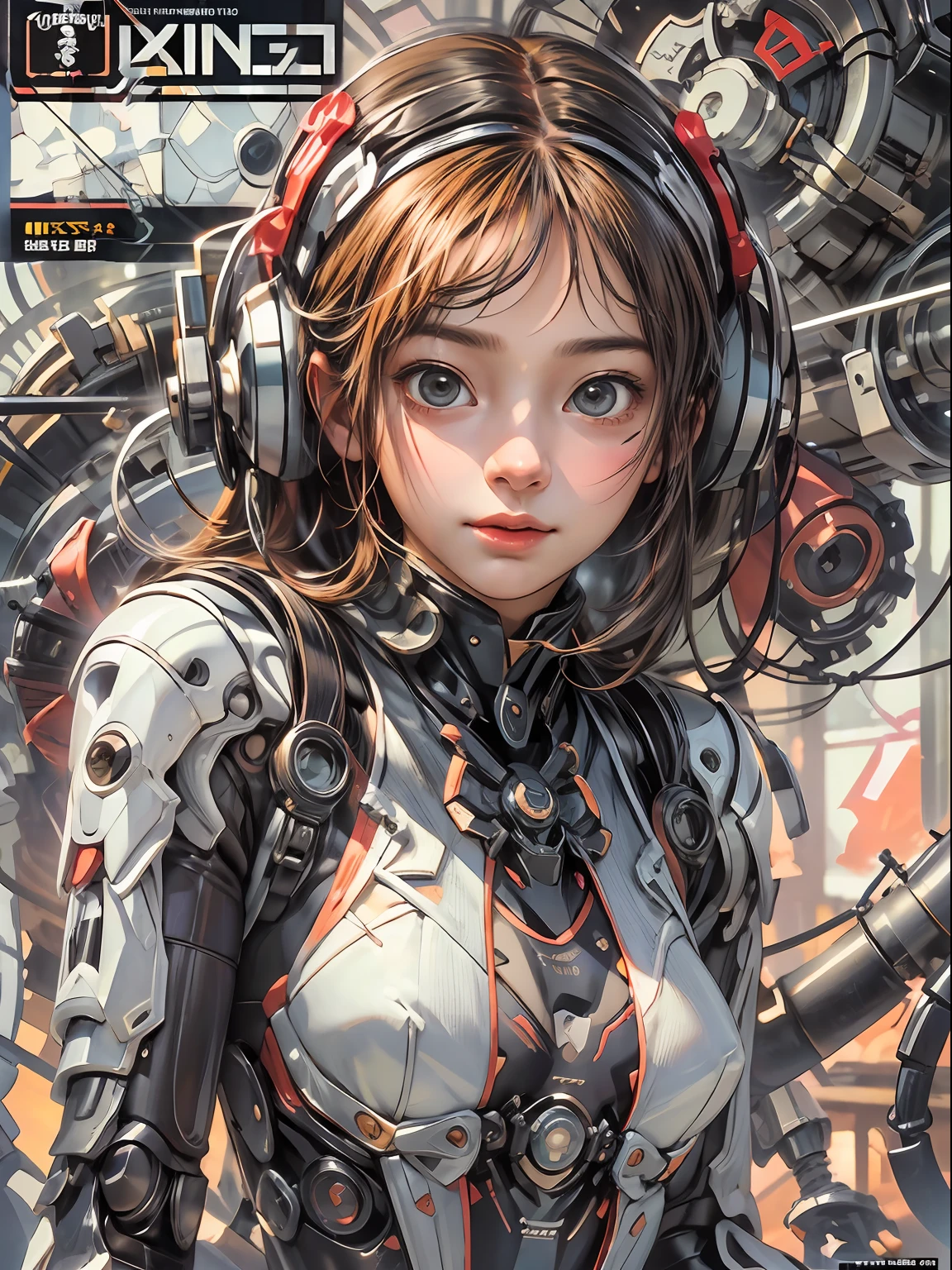 cover manga magazine, Expressivo, luminoso,menina bonito:1.2, roupas Techwear, Mechanical spider, Cabos, engrenagens, circles, fractais, art-station, CGSetnação, arte Carlos Meglia