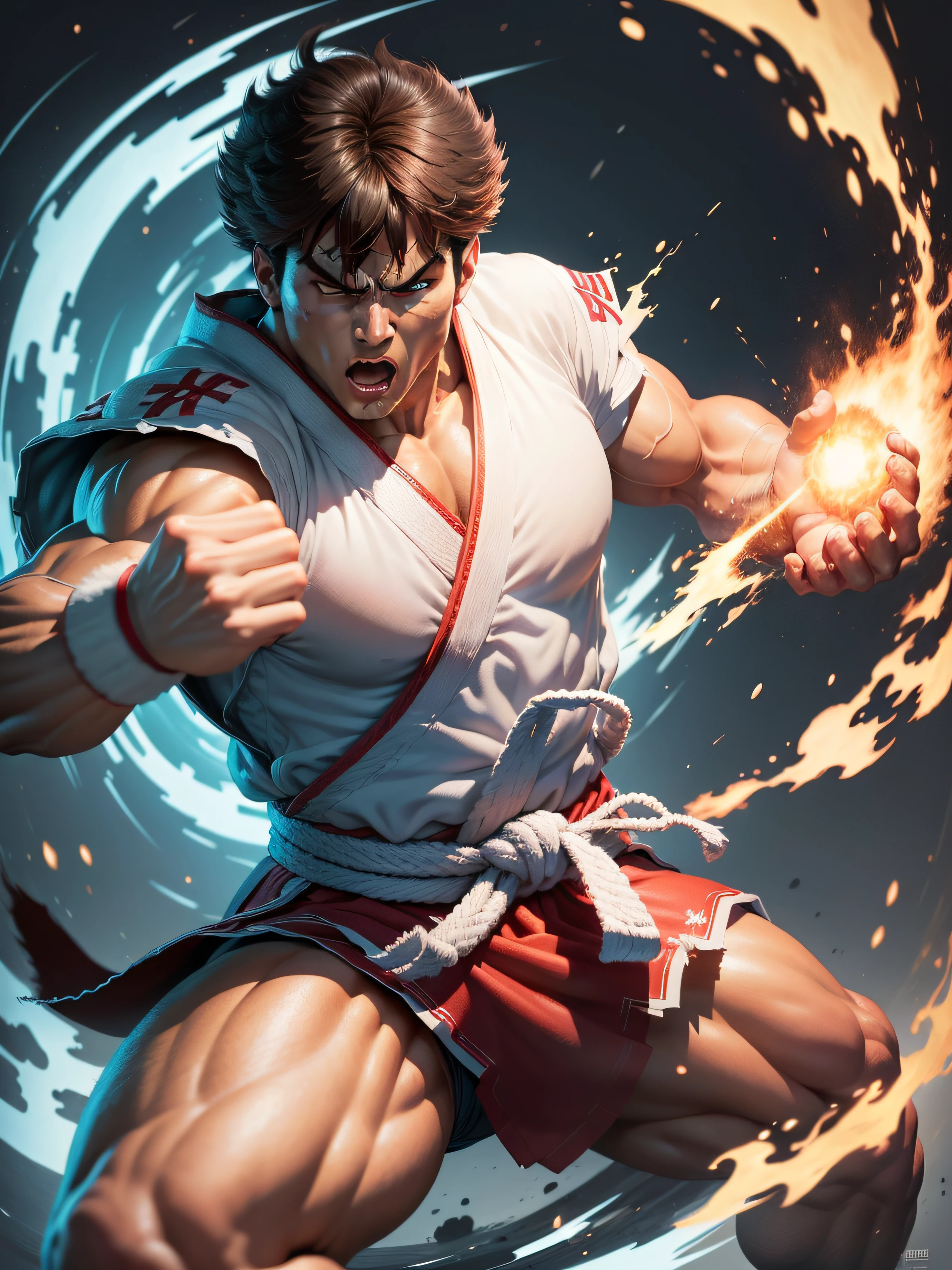(melhor qualidade, efeito de desenho animado impressionante, Ryu launching a Hadouken)