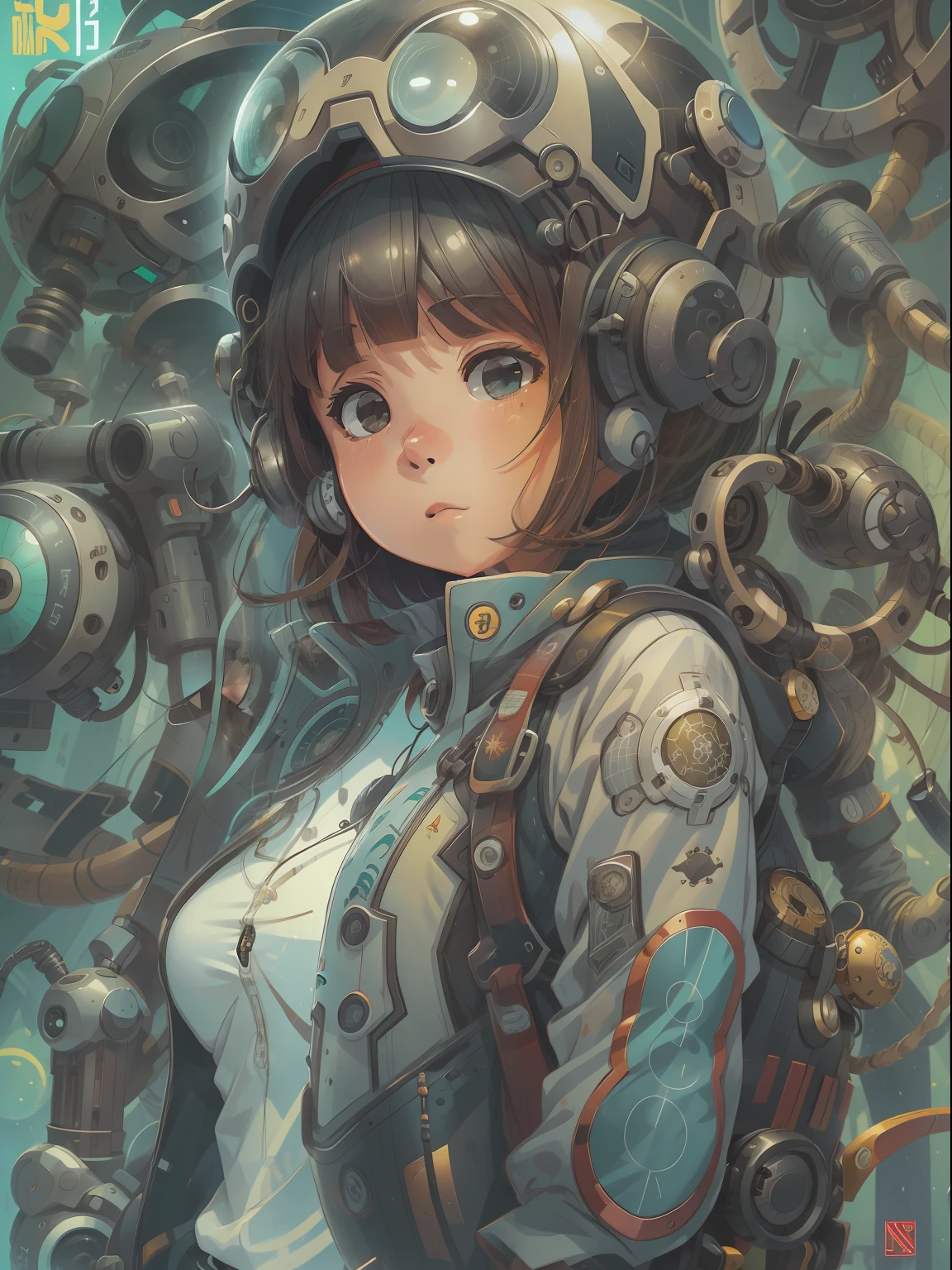 Manga magazine cover, menina bonito:1.2, roupas Techwear, Mechanical spider, Cabos, engrenagens, circles, fractais, art-station, CGSetnação, arte Carlos Meglia