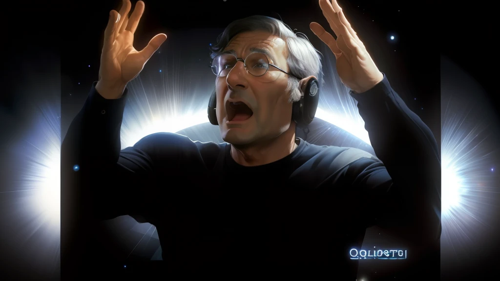 arafed image of a man with glasses and a black shirt, John Lennon como um besouro de veado, Mitch McConnell como uma tartaruga, 🐋 as 🐘 as 🤖 as 👽 as 🐳, on a galaxy looking background, bolhas vfx, Ross Geller gritando, 🚀🌈🤩, 🚀🚀🚀, his palms are sweaty, in a galaxy, robin williams is god