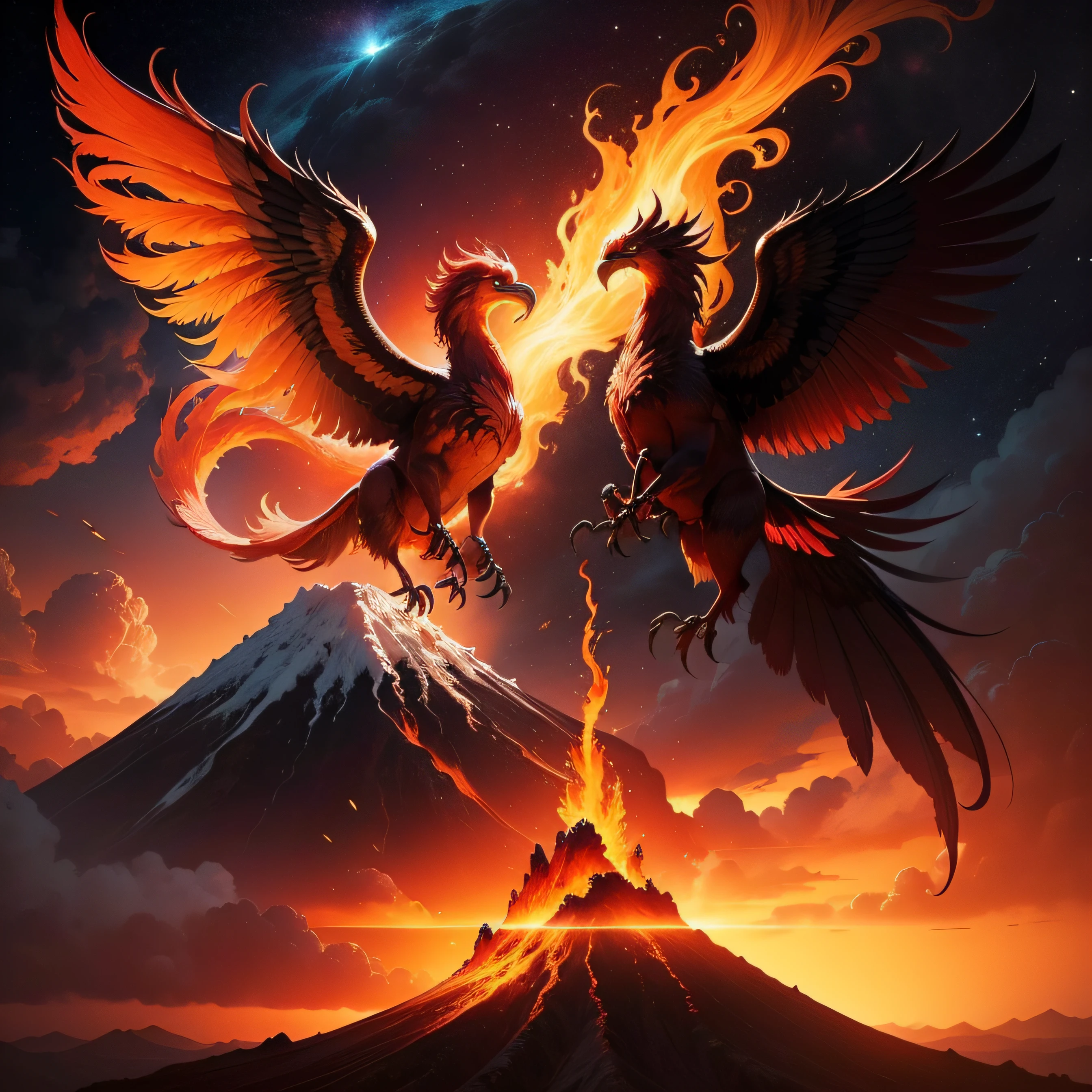 The phoenix and the phoenix hover opposite each other，The two spiral upwards，The background is a volcanic eruption，Blood-colored flames filled the sky