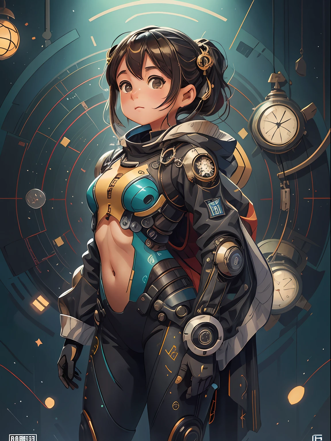 Manga magazine cover, menina bonito:1.2, roupas Techwear, Mechanical spider, Cabos, engrenagens, circles, fractais, art-station, CGSetnação, arte Carlos Meglia