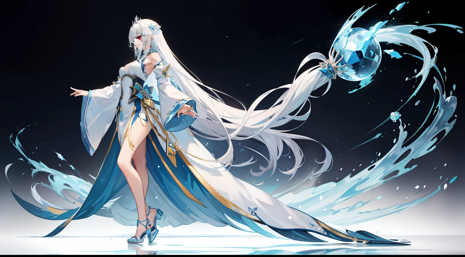 "Genshin to Winter Country Ice Goddess, Full body view from the side, Royal sister, 175 height, Tall figure, sliver long hair, Silvertone&Light blue skirt, Light blue nails, long leges, wide blue eyes, Ice Crown, Staff, Crystal shoes, Two-dimensional style,snowy mountain background,Highest image quality,extreme hight detail。"