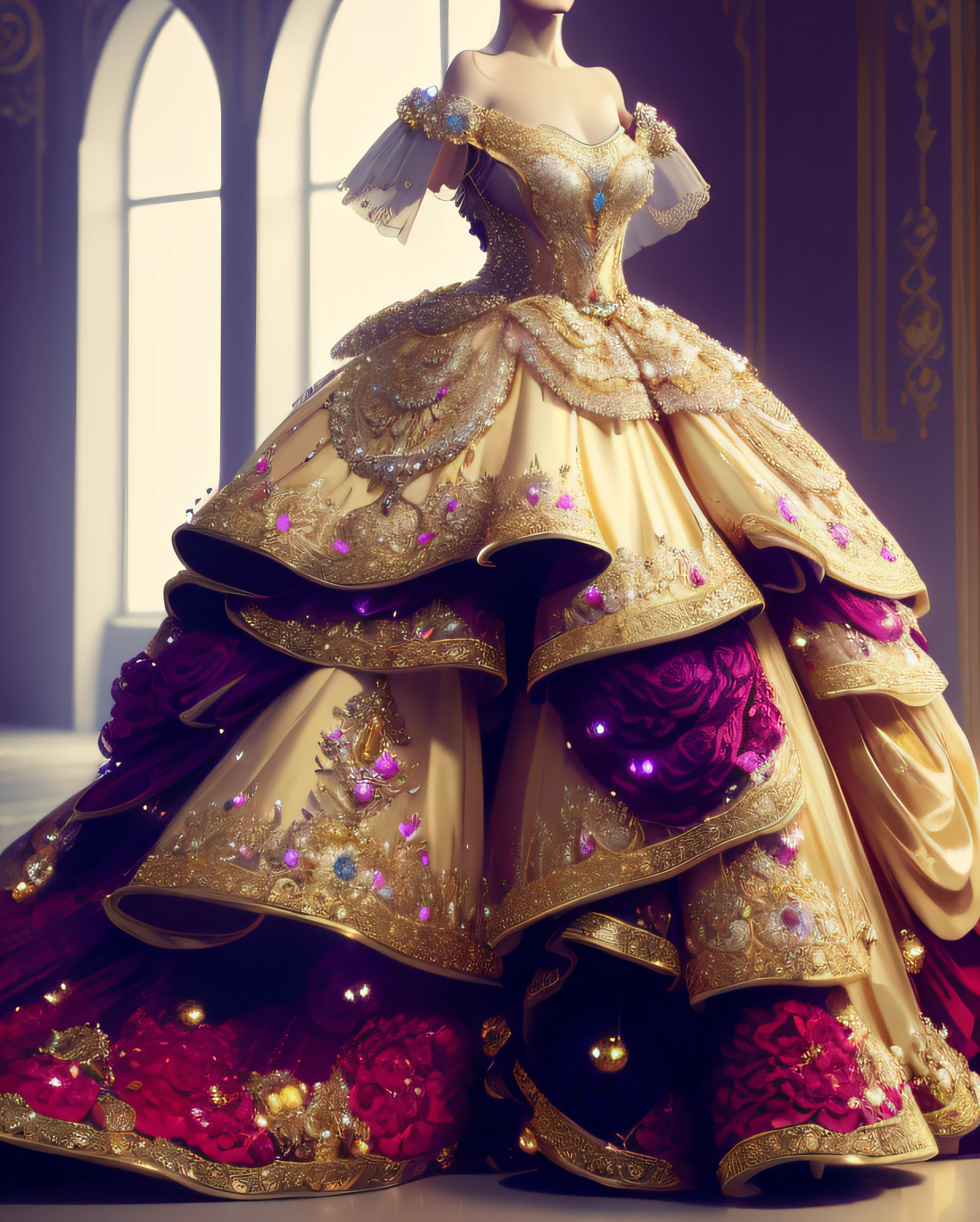 a hyper realistic photograph of a girl standing wearing a majestic light beige and gold ball gown dress, big beautiful dress, intricate puffy ball gown with lots of ruffles and rhinestones (Best quality, masterpiece, ArtStation, Fantasy Art:1.2), a palace room, a beautiful cute girl, (long white hair:1.1), (intricate short gold skirt, bare legs:1.2, full body shot)