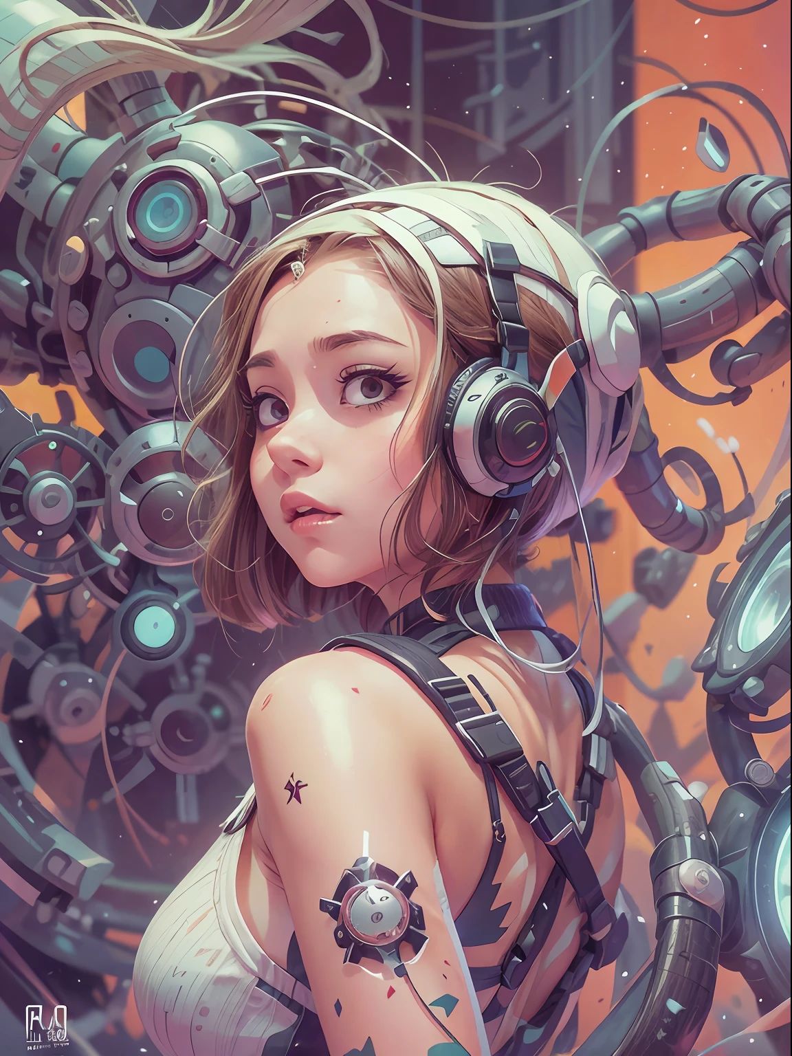 Manga magazine cover, menina bonito:1.2, roupas Techwear, Mechanical spider, Cabos, engrenagens, circles, fractais, art-station, CGSetnação, arte Carlos Meglia