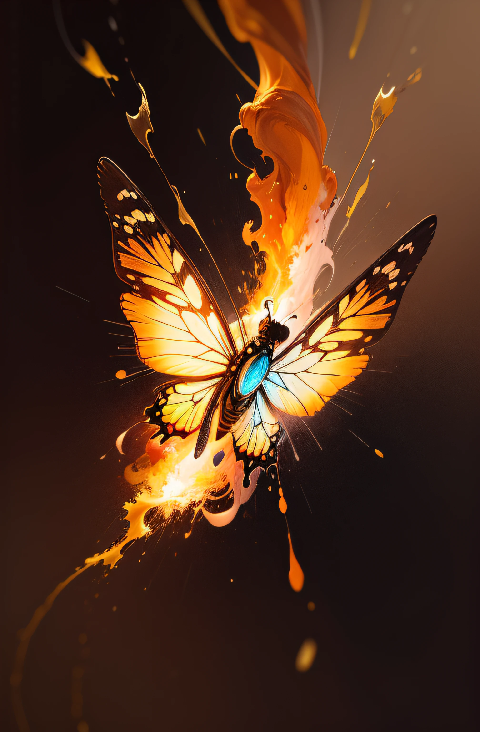 Light butterfly machine,Burning flame,super high-quality model, Ethereal background, Abstract beauty, Explosive volume, oil painted, Heavy strokes, paint drips