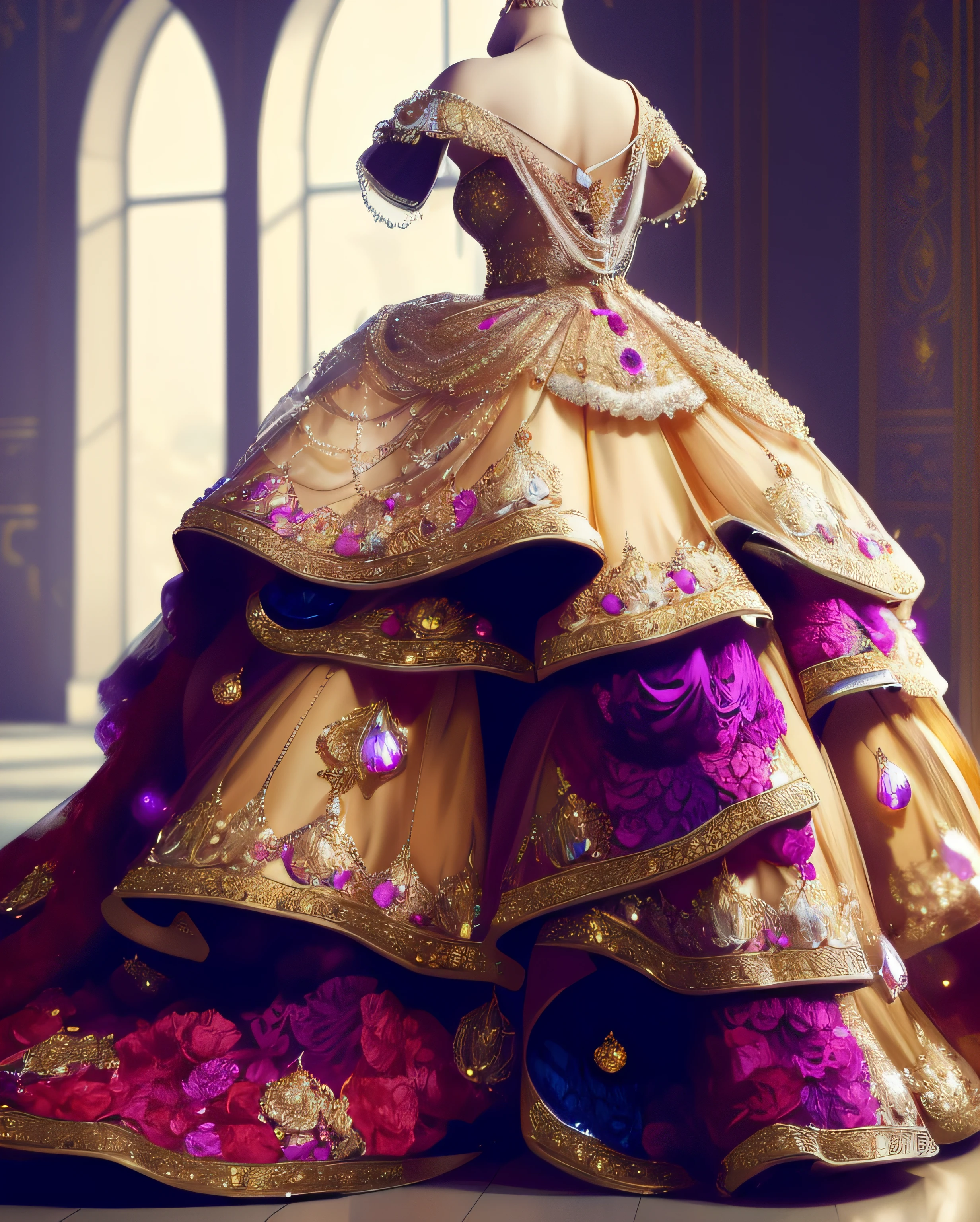 a hyper realistic photograph of a girl standing wearing a majestic light beige and gold ball gown dress, big beautiful dress, intricate puffy ball gown with lots of ruffles and rhinestones (Best quality, masterpiece, ArtStation, Fantasy Art:1.2), a palace room, a beautiful cute girl, (long white hair:1.1), (intricate short gold skirt, bare legs:1.2, full body shot)