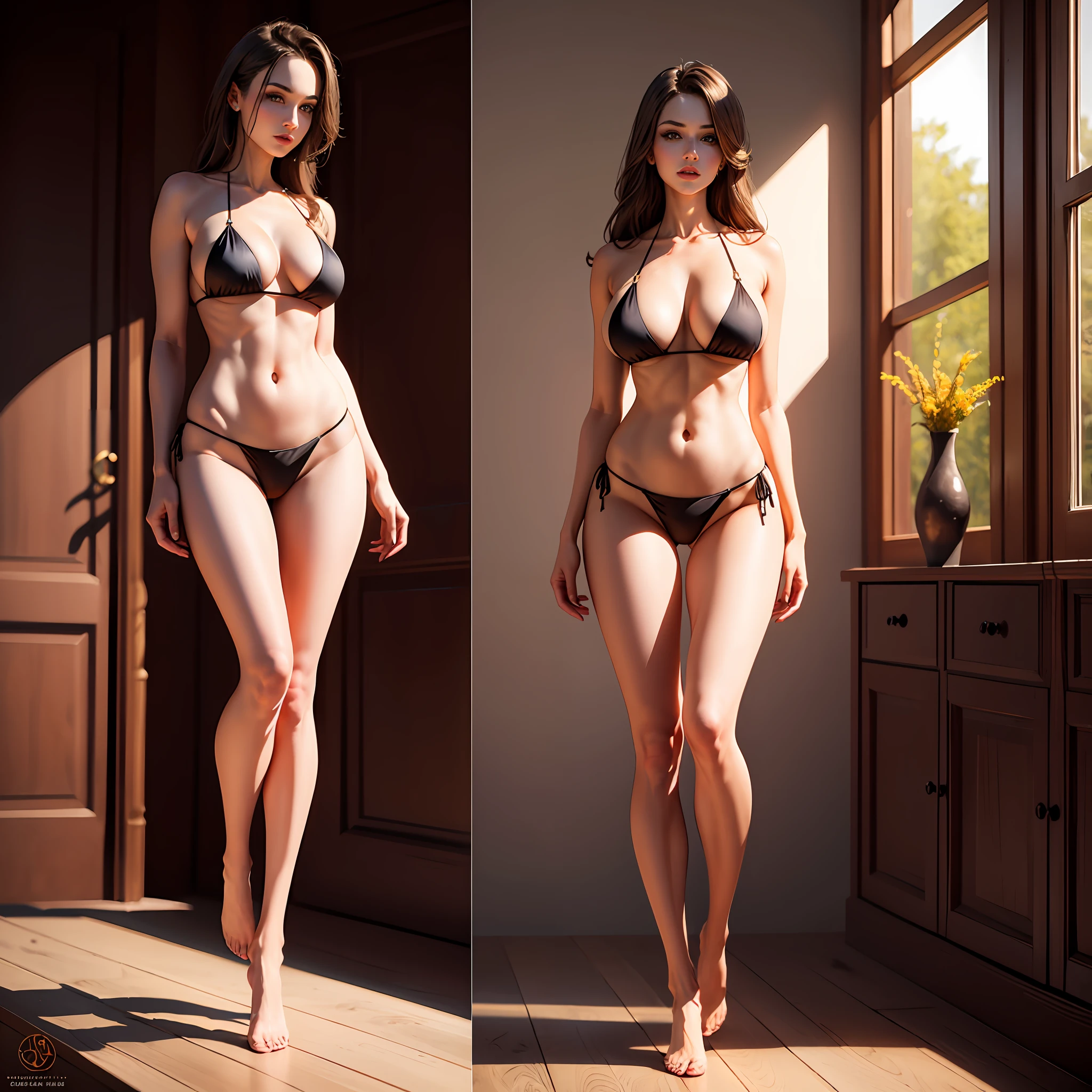 Masterpiece, a beautiful female model, superstar, wearing silk bikini, standing in luxurious interior, full body standing posture, facial details, detailed body part details, 8k wallpaper, super model