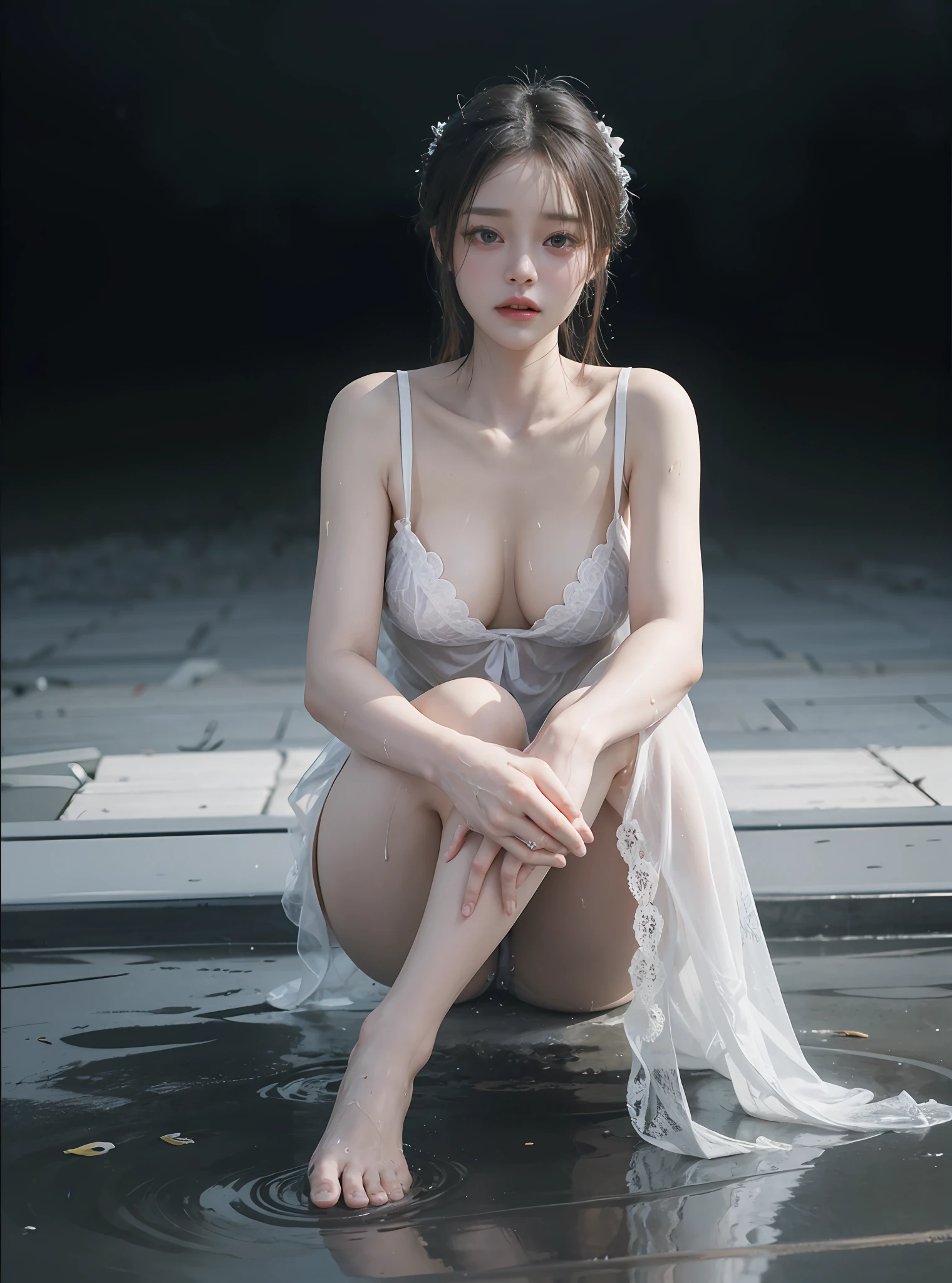 Sitting in the middle of an abandoned 3D rendered men's toilet,Devastated,Broken doors and windows,The ground is a mess,junk,junk,junk,Transparent Hanfu,Cloudy white liquid covering,facing at camera,Exquisite and perfect facial features,Long eyelashes,The eyes are sweet and there are lying silkworms,Delicate and perfect human body structure,s the perfect face,Extreme picture quality,Highest accuracy,Barefoot,Spread your legs,junk,Greasy,Sweat Wet,grimy,standing water,BDSM