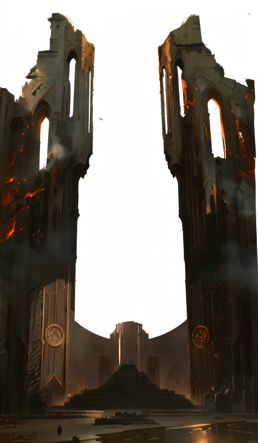 Ararfed view of a futuristic city with a clock tower, arte conceitual eterna do destino, arte conceitual de pintura fosca de Dota, Anor Londo, Dota! arte conceitual de pintura fosca, pintura fosca arcano Dota pixar, As Portas de Argonath, Fundo da catedral, stunning arcanum backdrop, cinematic level shot, Estudando um portal de fenda aberta do inferno