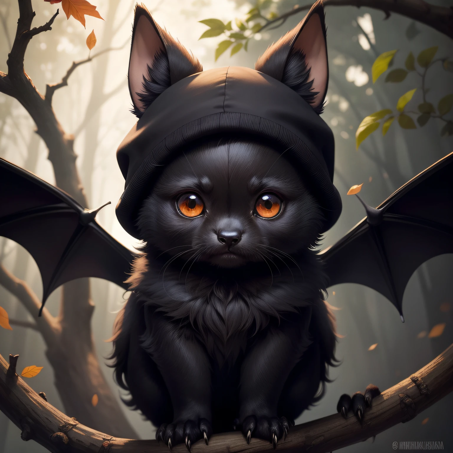 adorable anthropomorphic bat, with features similar to those of a real-life bat, pero con un toque de ternura y un aspecto amigable. It has a small and fluffy size, con un pelaje suave y oscuro que es de color morado oscuro. Sus orejas son puntiagudas y grandes, and his nose is small and black. Sus ojos, grandes y expresivos, son de un tono brillante de amarillo, que contrasta con su pelaje oscuro. Has small legs and hands, with sharp claws that it uses to cling to tree branches.