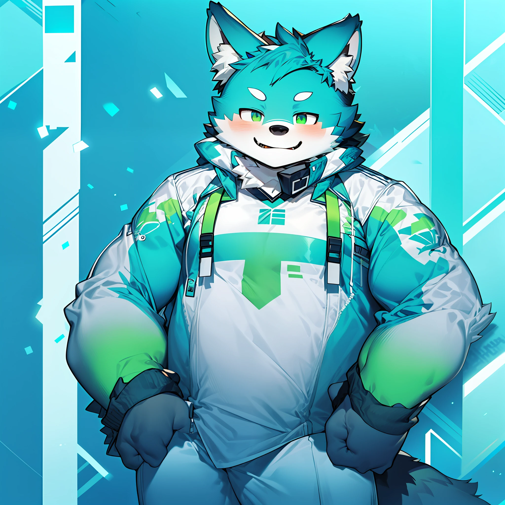 Furry，coyote，blue colors，Fluorescent green pattern，green pupills