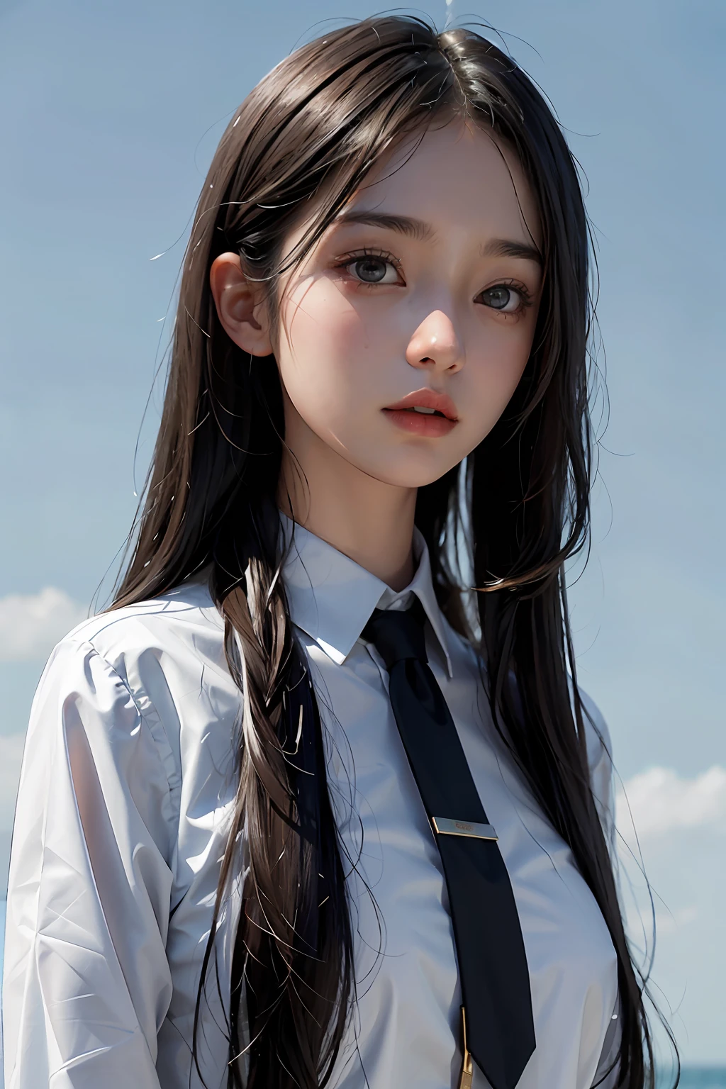 high detal,high high quality,starryskybackground,18-year-old girl,Pale golden pupils,black long straight hair,Light blue and white campus style school uniform,dark themes,soothing tones,pastel colour,Natural light,hight contrast,Natural skin texture,ultra-realistic realism,the soft light,Sharp,4k画质,ink and watercolor painting。